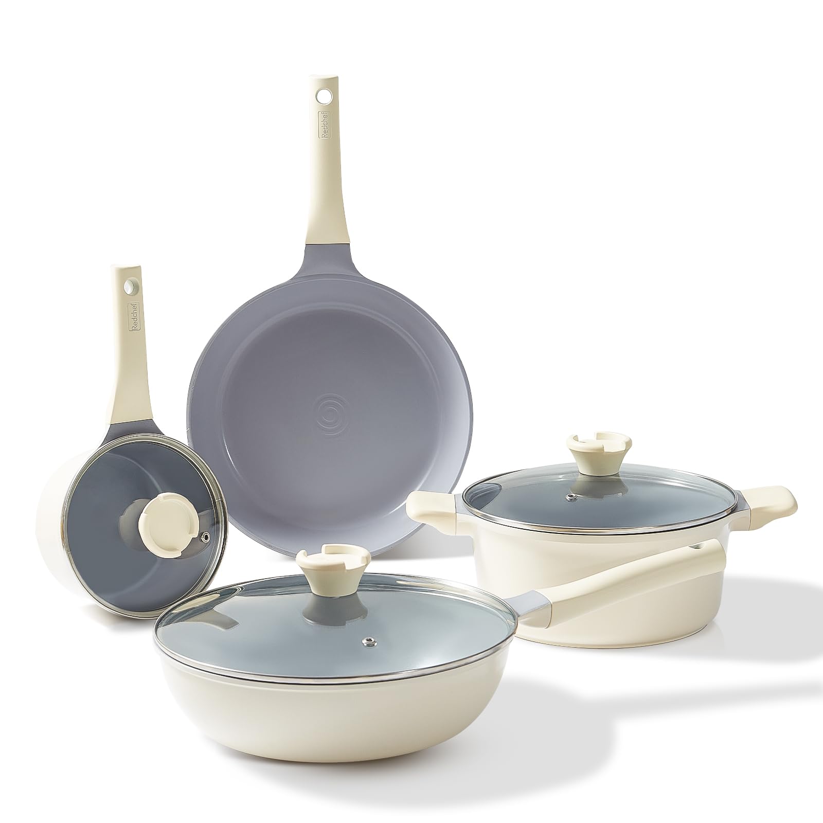 Redchef 7-Piece Ceramic Nonstick Cookware Set - White Pots and Pans with Glass Lids (Frying Pan, Saute Pan, Saucepan, Stockpot) - PFAS-Free, PTFE-Free, PFOA-Free - Perfect for Healthy Cooking, Frying, Sauteing & Meal Prep in Modern Kitchens