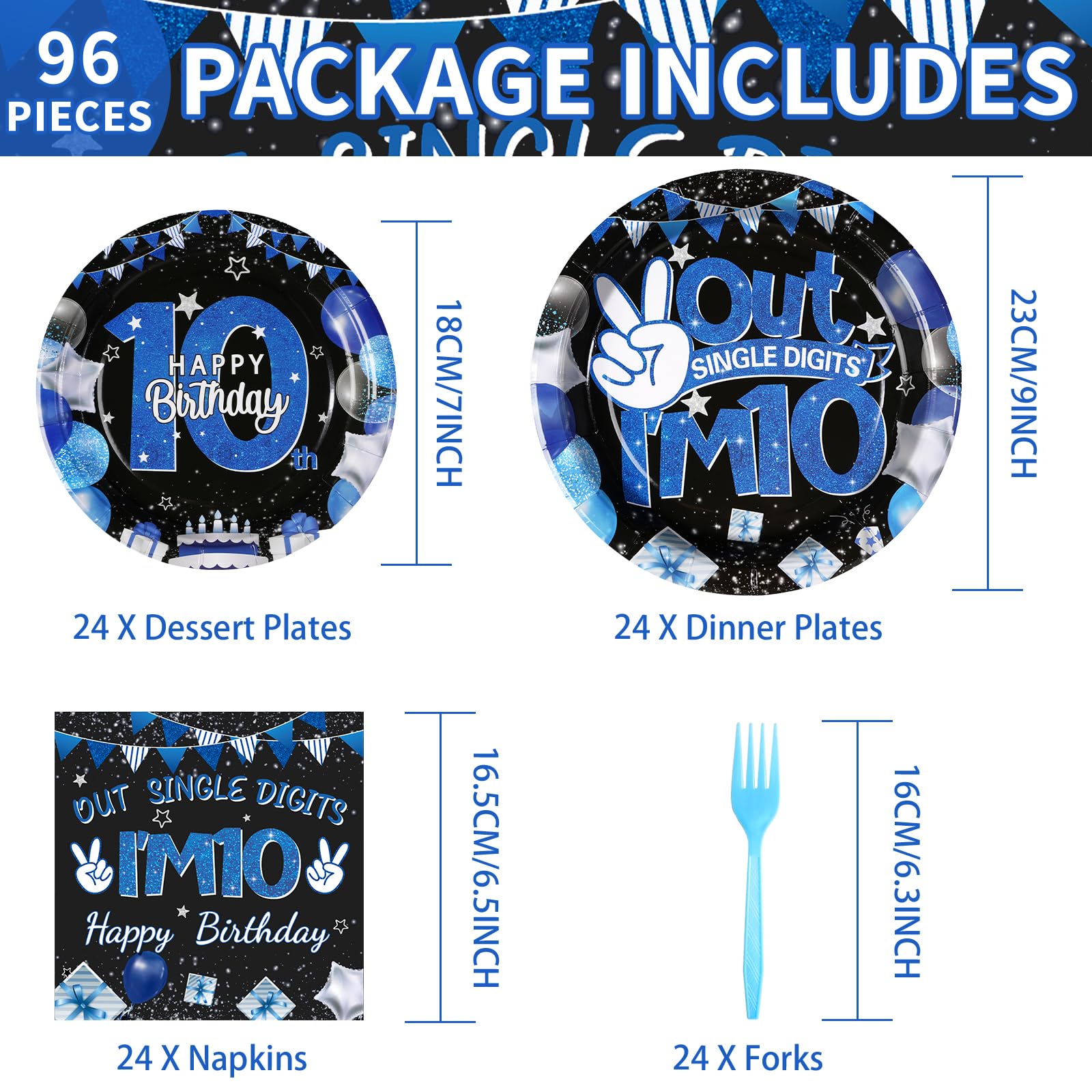 96 Pcs Blue and Black 10th Birthday Party Supplies Set - 350 GSM Disposable Plates, Napkins & Tableware for Boys | I'm 10 Single Digit Theme Decor | Serves 24 Guests - Perfect for Kids Birthday Parties, Decoration & Celebration Events