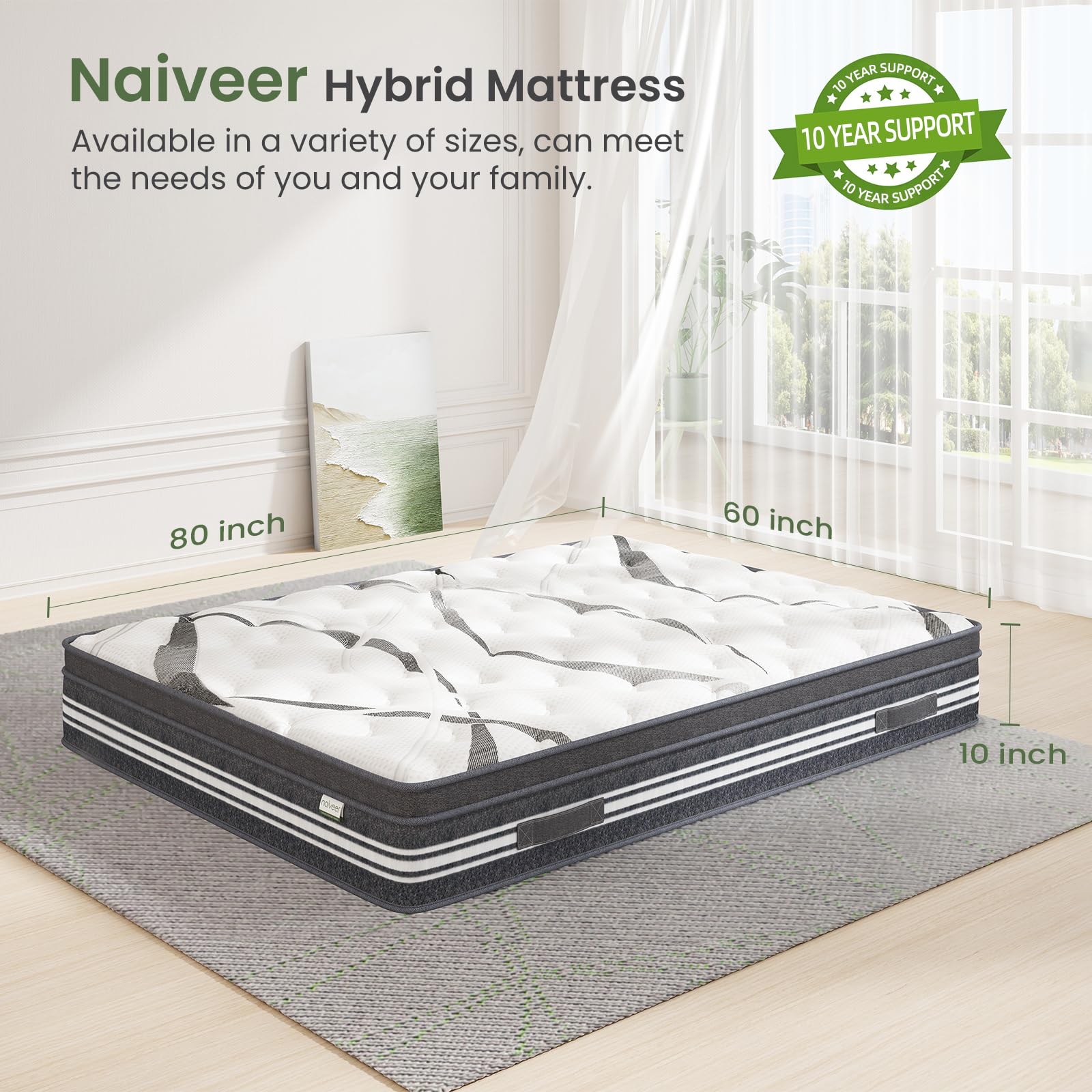 Naiveer 10 Inch Queen Hybrid Mattress - Memory Foam & Innerspring, Medium Firm Support for Back Pain Relief, CertiPUR-US Certified, Bed in a Box - Perfect for Guest Rooms, Master Bedrooms & Pressure Point Relief