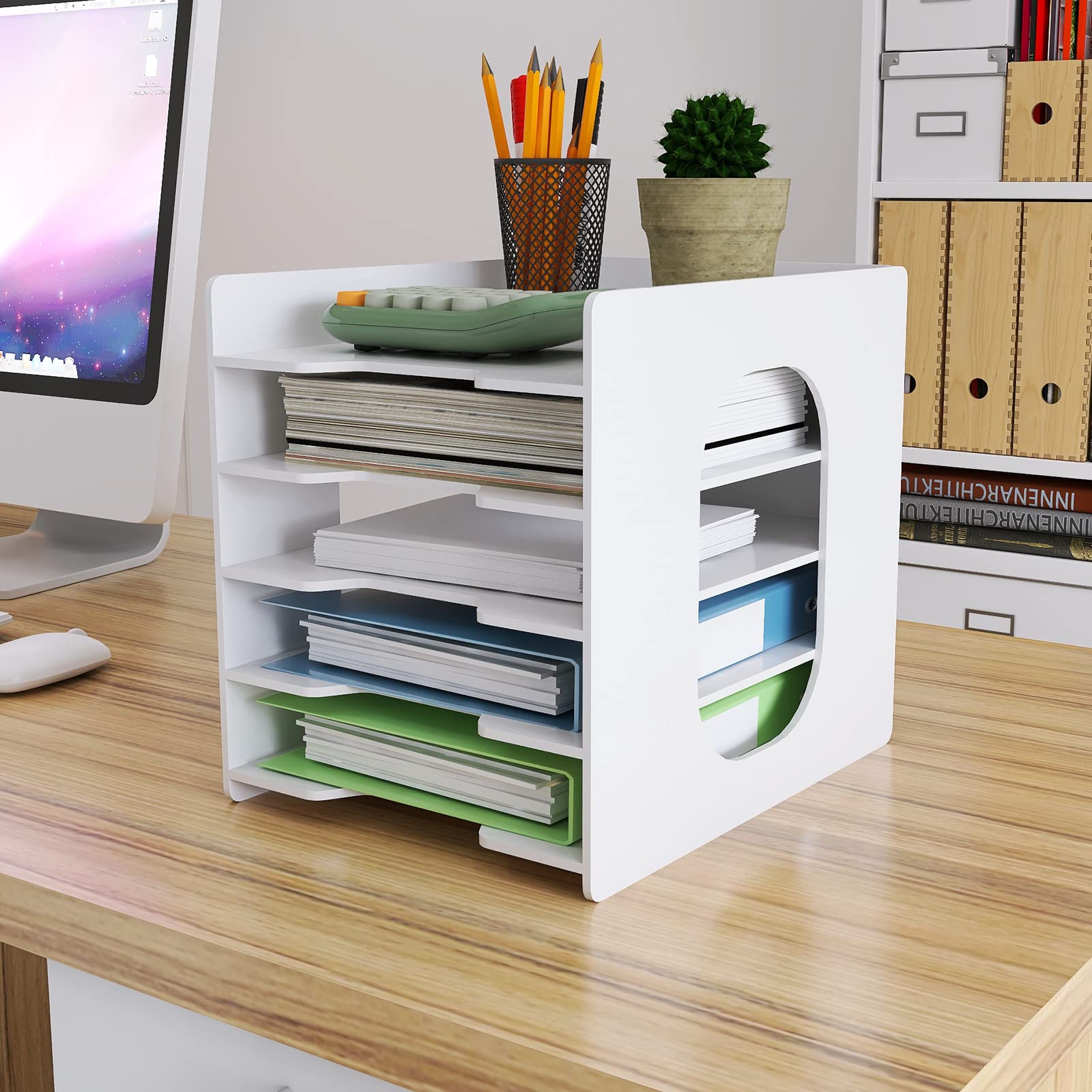 5-Tier White Paper Organizer for Desk - File Holder, Mail & Letter Tray, Document Sorter - Office, Home, School & Classroom Storage Solution for Notebooks, Documents & Stationary