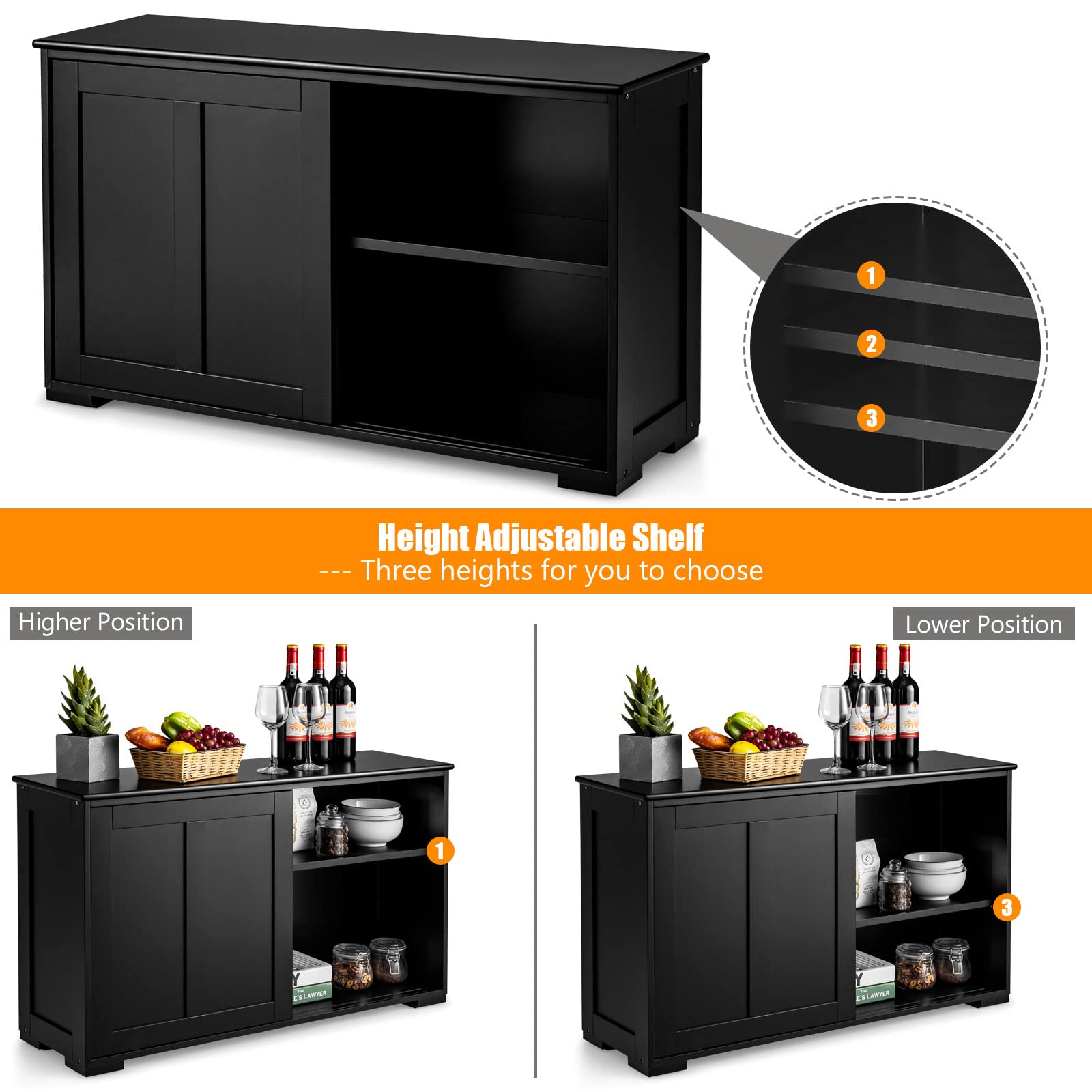 Costzon Wooden Sideboard Buffet Cabinet with Adjustable Shelf & Sliding Barn Door - Kitchen Storage Cabinet, Coffee Bar Console Table for Living Room, Dining Room, Hallway - Elegant Black Finish | Perfect for Home Decor, Entertaining & Small Space Organization