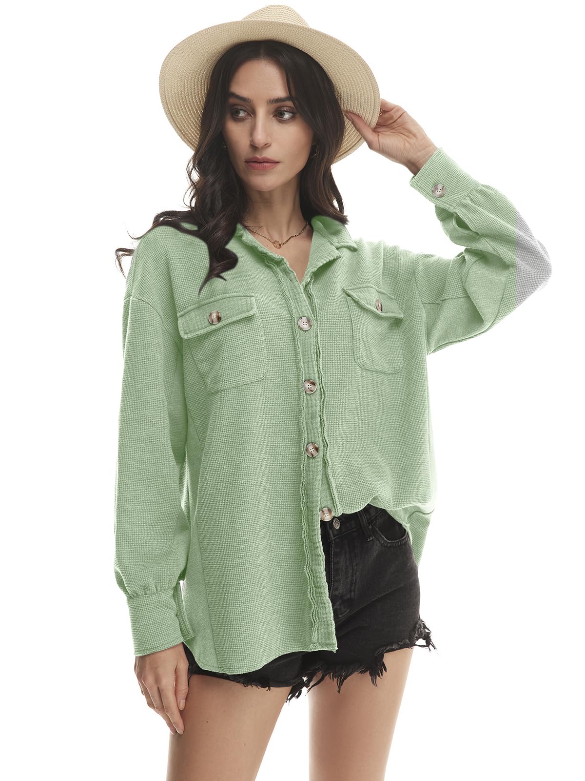 Yanekop Women's Waffle Knit Button Down Shirt Jacket - Oversized Long Sleeve Shacket for Trendy Fall & Winter Outfits 2025 | Casual Layering, Streetwear Fashion, Office to Weekend Style