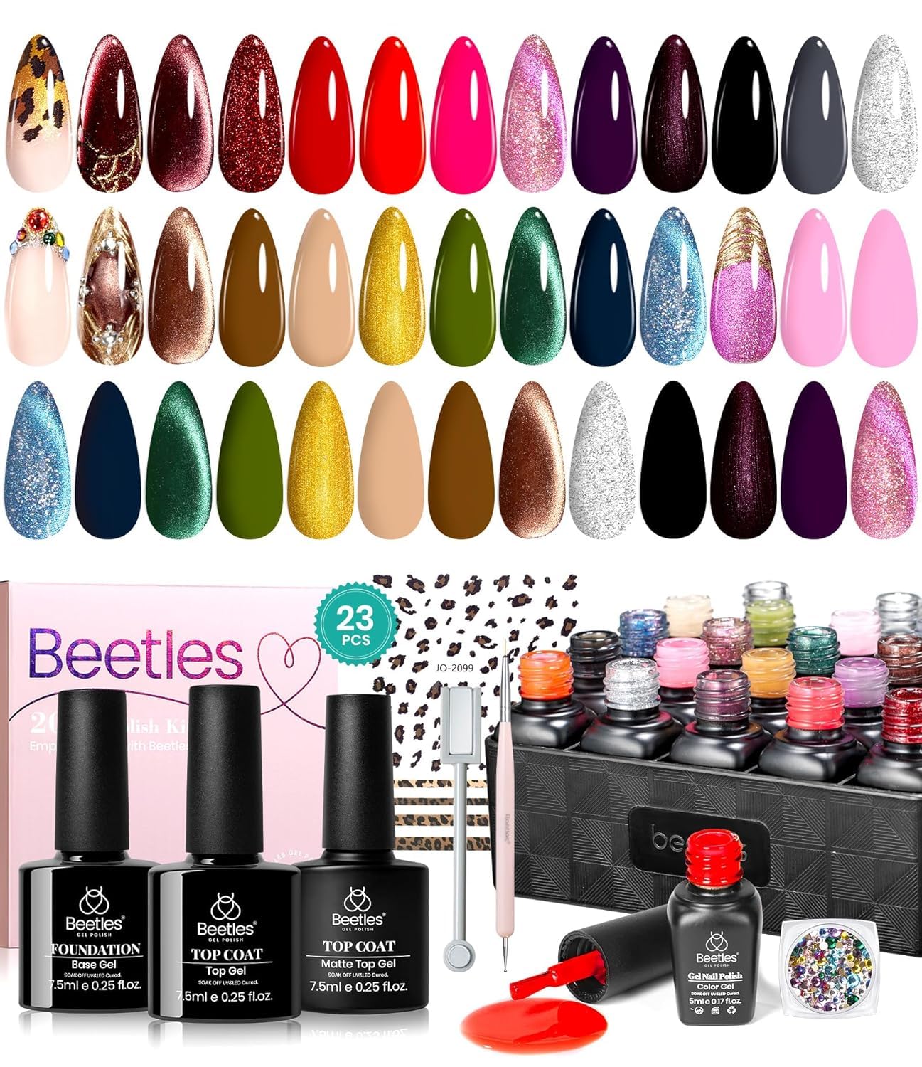 Beetles Gel Nail Polish Kit - 20 Colors Cat Eye Glitter Gel Polish Set with Stickers, Rainbow Rhinestones, Base & Top Coat (Glossy & Matte) | Spring Summer Nails | Mob Wife Collection | All-Season Gift for Women | Perfect for DIY Manicures, Nail Salon & Special Occasions