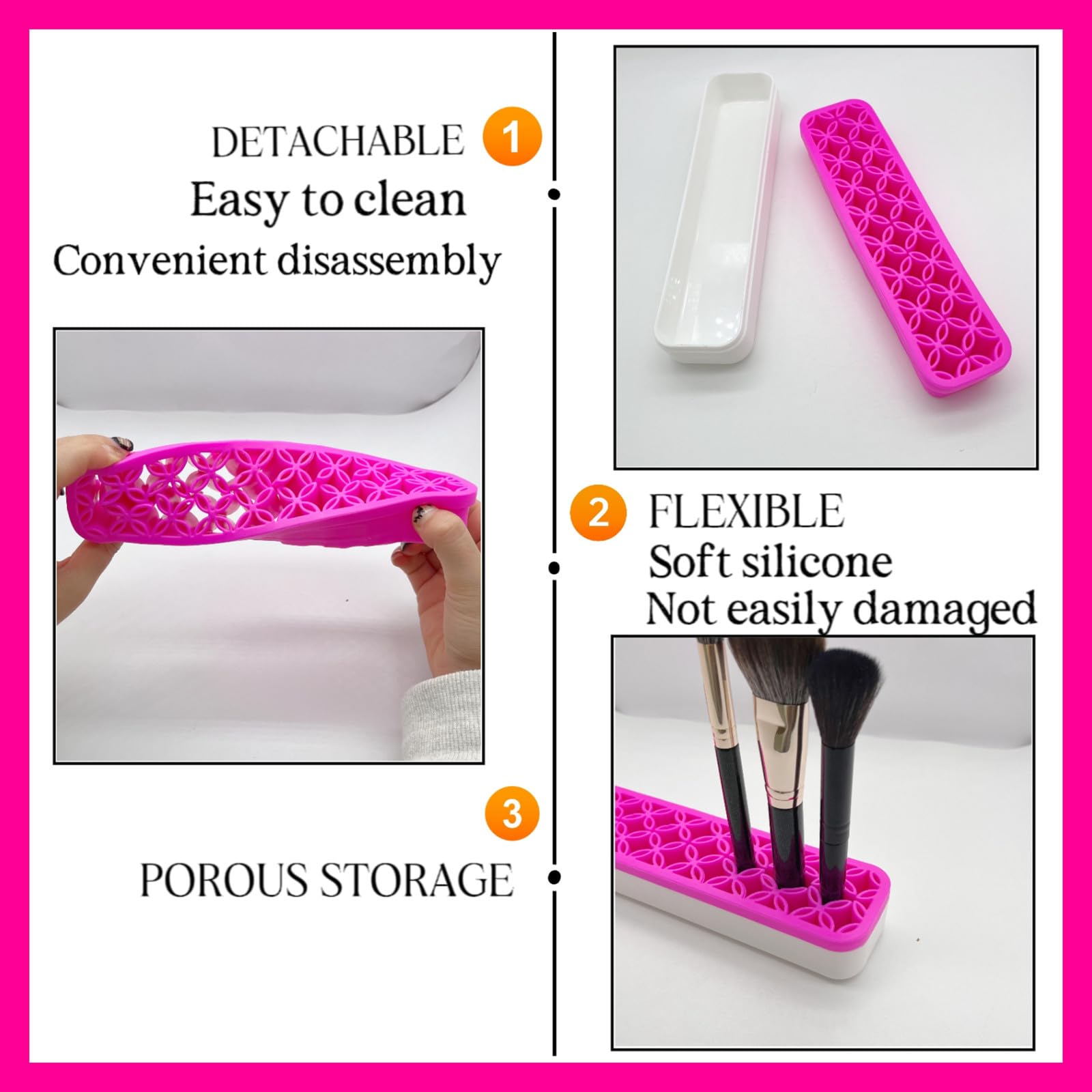 2-Pack Pink Rectangle Silicone Makeup Brush Holder - Cosmetic Storage Box & Desktop Organizer for Brushes, Pens, Makeup Tools | Perfect for Vanity, Bathroom, Office & Travel