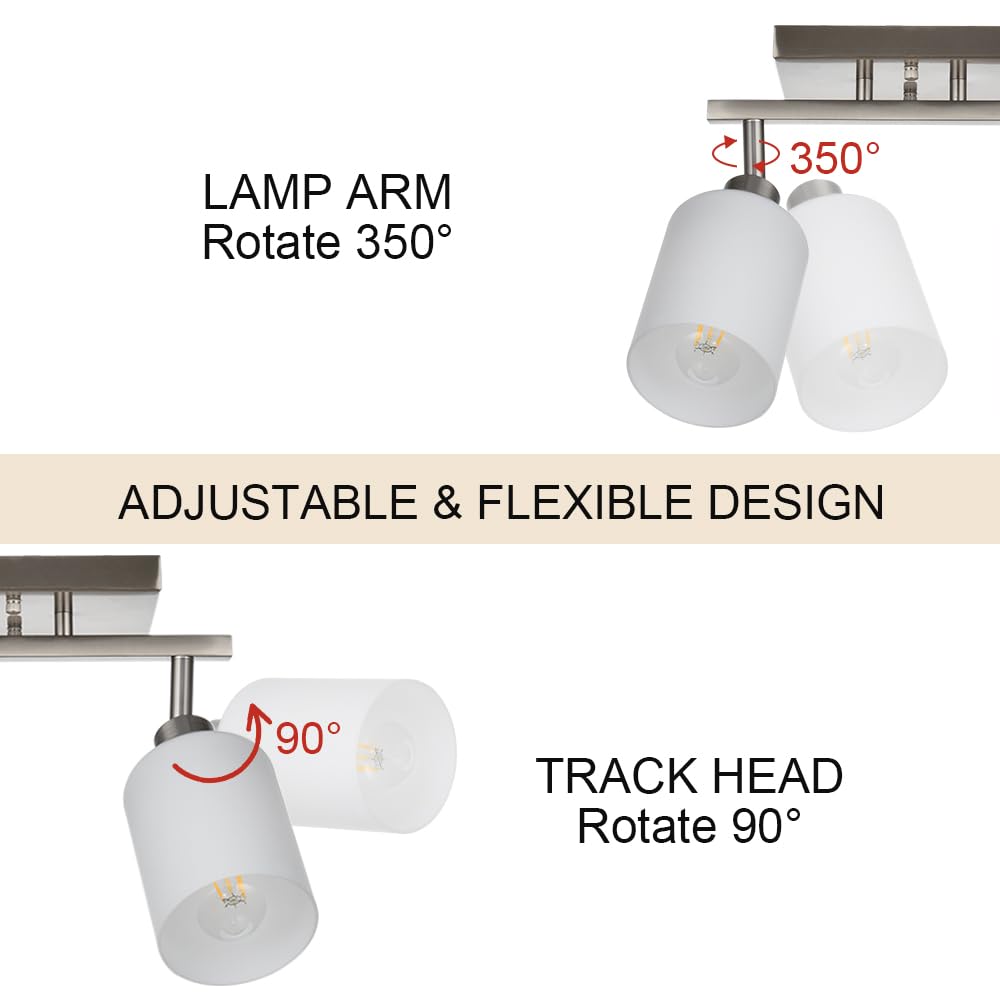 3-Light Brushed Nickel Track Lighting Fixture with Opal White Glass Shades, E26 Bulb Base - Modern Ceiling & Wall Spot Lights for Living Room, Kitchen, Gallery & Retail Stores