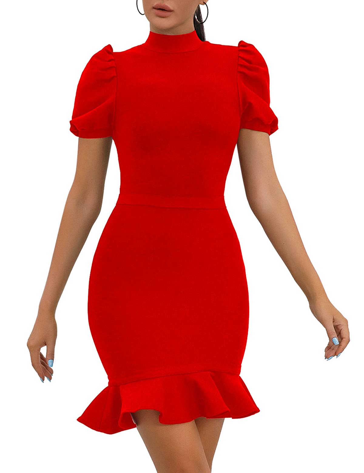 Women's Sexy Puff Sleeve Bandage Bodycon Dress with Fishtail Hem - Elegant Cocktail Party & Wedding Guest Dress for Night Out, Date Night, Club Wear, Formal Events
