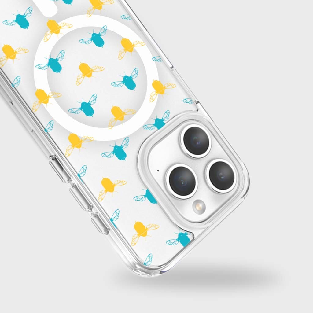 iPhone 15 Pro Max Clear Case with Blue & Yellow Bumble Design - Slim Protective Cover for Everyday Use, Travel & Work