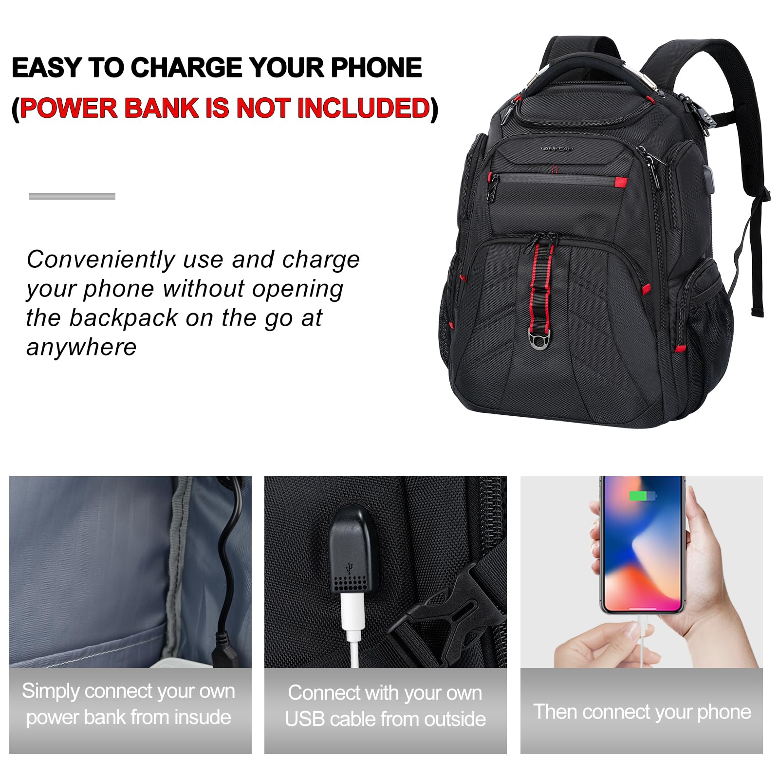 VANKEAN 17.3 Inch TSA Approved Laptop Backpack - Water Resistant Anti Theft Business Computer Bag with USB Charging Port & RFID Blocking Pockets for Men & Women - Perfect for Travel, Work & College (Black)