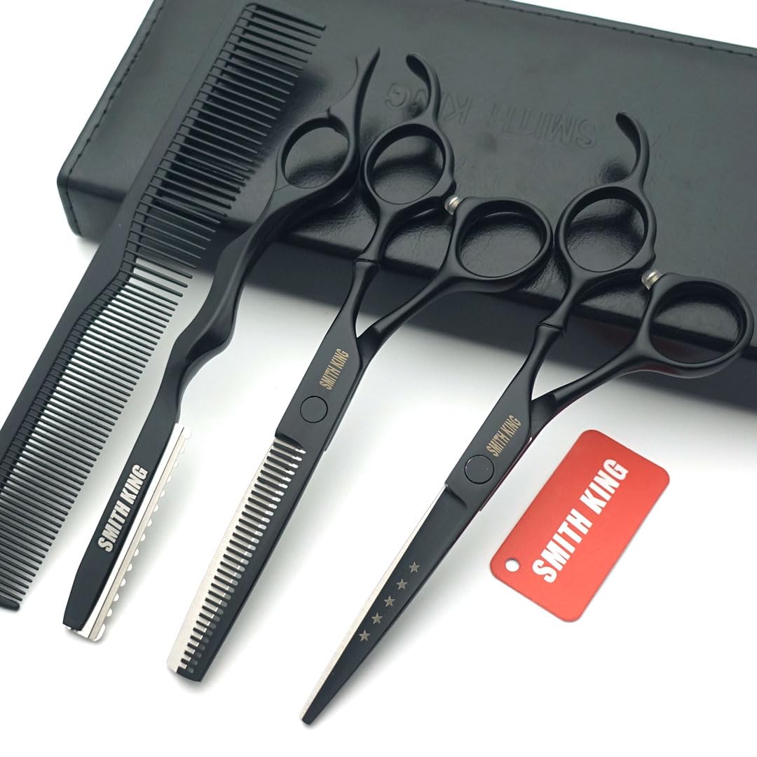 6.0 Inch Professional Hair Cutting Scissors Set - Sharp Hairdressing Shears with Thinning Scissors, Razor & Comb for Salon & Home Use (Black)
