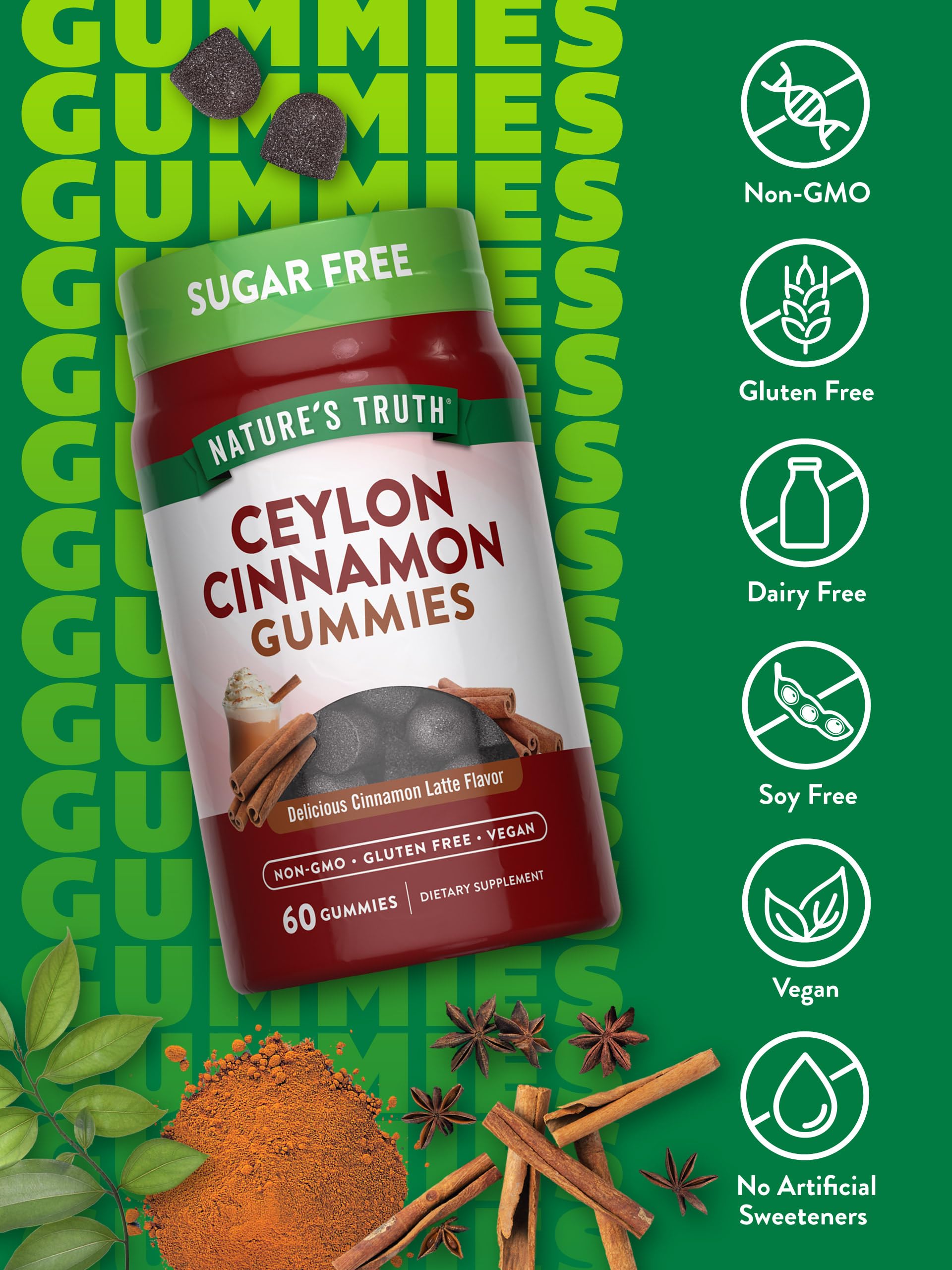 Nature's Truth Ceylon Cinnamon Gummies 2000mg - Sugar Free, Vegan, Non-GMO & Gluten Free Supplement (60 Count) | Supports Blood Sugar Balance & Heart Health | Perfect for Daily Wellness Routine & On-the-Go Nutrition