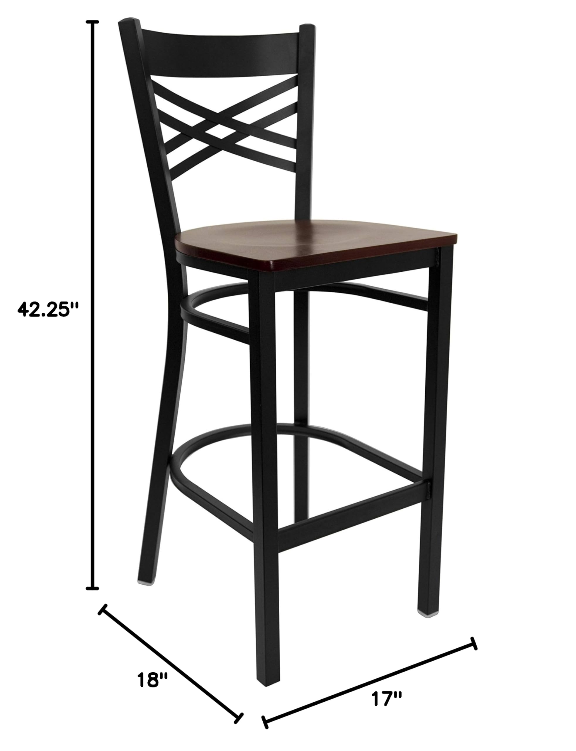 2 Pack Black X-Back Metal Bar Stools with Mahogany Wood Seat - Heavy Duty Counter Height Stools for Kitchen Island, Restaurant, Bar & Home Decor