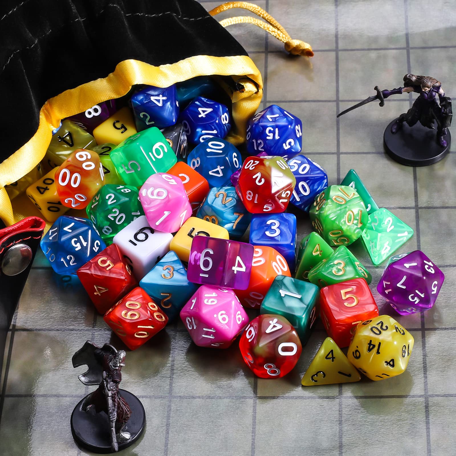 QMay 105-Piece DND Dice Set - 15 x 7 Polyhedral Dice (D4, D6, D8, D10, D%, D12, D20) with Large Flannel Storage Bag for Dungeons & Dragons, RPG, MTG, Pathfinder and Tabletop Gaming Adventures
