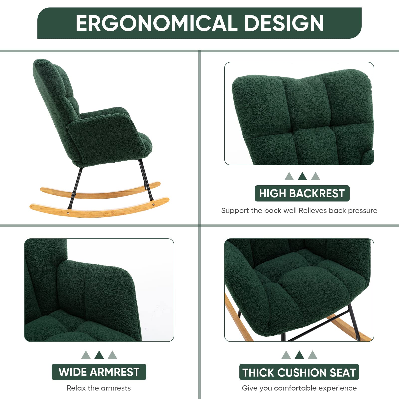 KINFFICT Nursery Rocking Chair - Teddy Velvet Upholstered Glider Rocker with High Backrest, Mid Century Modern Armchair for Living Room, Bedroom & Office | Comfortable Accent Chair for Nursing, Reading & Relaxing