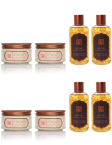 AKALIKO Lemongrass Body Scrub & Rose Massage Oil Set - Exfoliating & Hydrating Skincare Duo for Soft, Glowing Skin - Spa & Self-Care Gift Set - Perfect for Relaxation, Moisturizing Dry Skin & Romantic Massage at Home - Ideal for Couples Spa Night, Post-Shower Pampering & Stress Relief Therapy