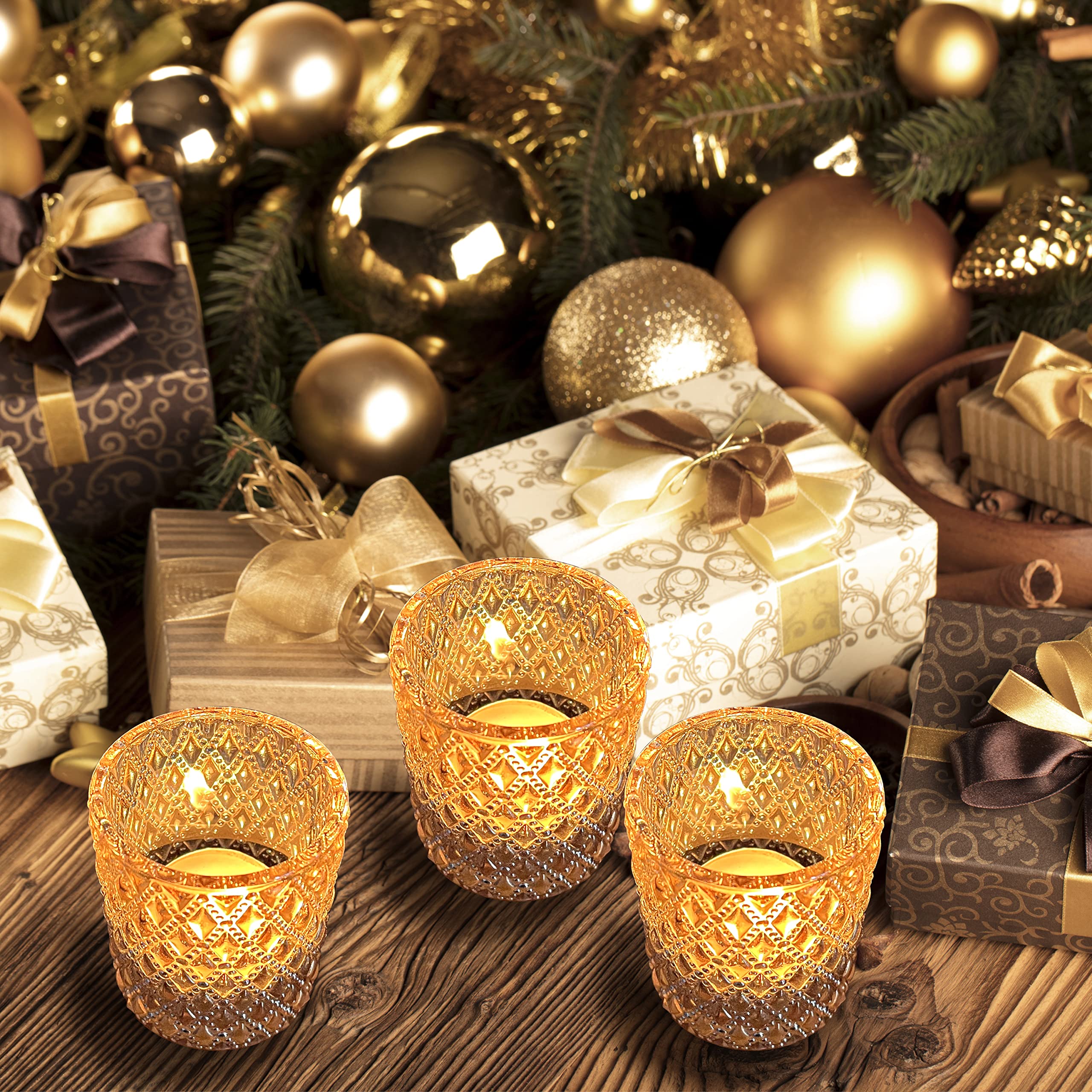 SHMILMH 12-Pack Champagne Gold Glass Votive Candle Holders - Elegant Tealight Candle Holders for Wedding Centerpieces, Birthday Party Decor, Halloween & Thanksgiving Table Settings - Perfect for Romantic Dinners, Spa Nights and Holiday Home Decor