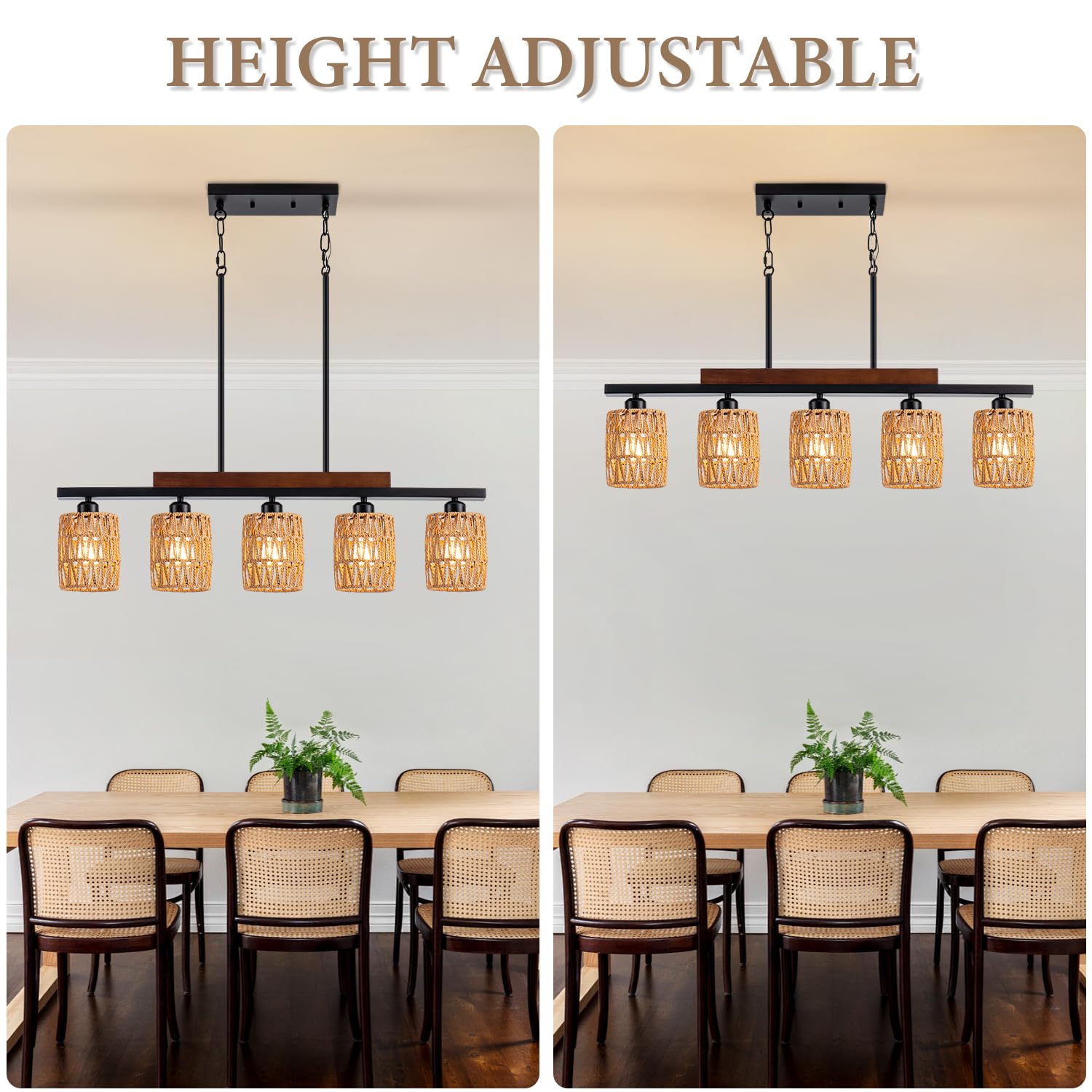 Rustic Rattan Farmhouse Chandelier - 5-Light Boho Dining Room Pendant Light with Adjustable Height, Wood & Matte Black Linear Hanging Fixture for Kitchen Island, Dining Table, or Living Room Decor