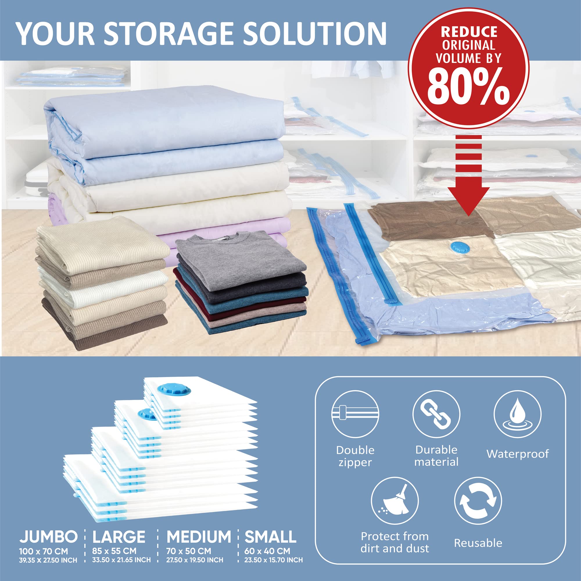 15 Space Saver Vacuum Storage Bags - Jumbo, Large, Medium, Small Sizes - Airtight Vacuum Seal Bags for Clothes, Bedding, Comforters & Home Organization | Perfect for Seasonal Storage, Travel & Space Saving
