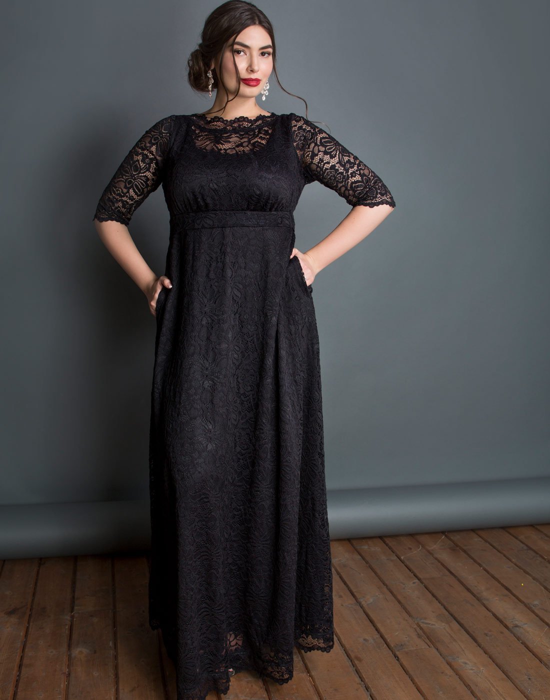Kiyonna Women’s Plus Size Leona Lace Gown - Elegant Maxi Dress for Wedding Guest, Formal Evening & Ball Gown with Side Pockets | Perfect for Special Occasions, Parties & Black Tie Events