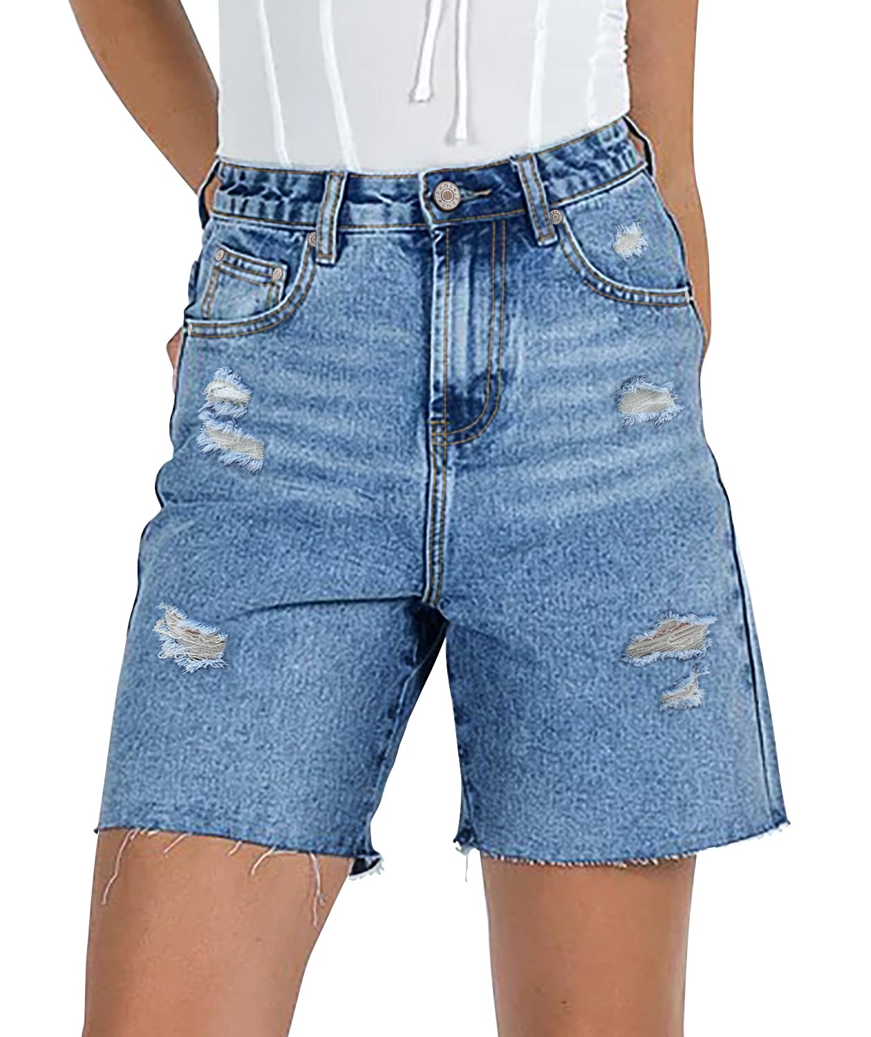 CHICZONE Women's Bermuda Jean Shorts - Stretchy Mid Waist Denim Shorts with Pockets | Comfortable Casual Summer Wear for Beach, Shopping & Outdoor Activities