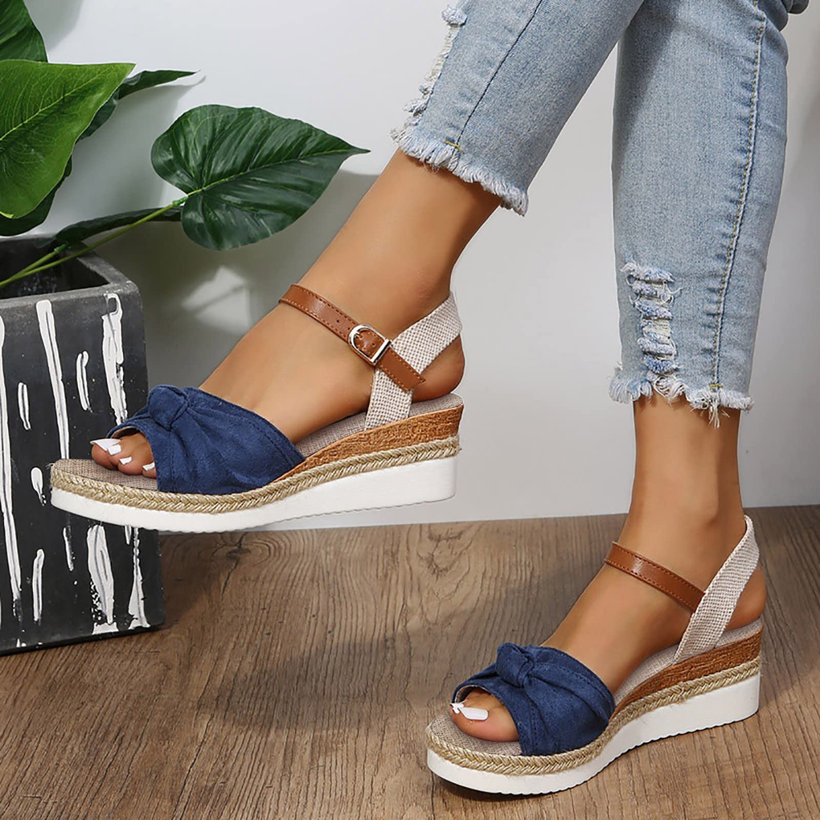 EMRELOD Women's Comfortable Orthopedic Wedge Sandals with Ankle Strap - Platform Espadrille Summer Beach Shoes for Casual Outings & Dressy Occasions (Blue, Size 9) | Perfect for Walking, Travel, and Outdoor Activities
