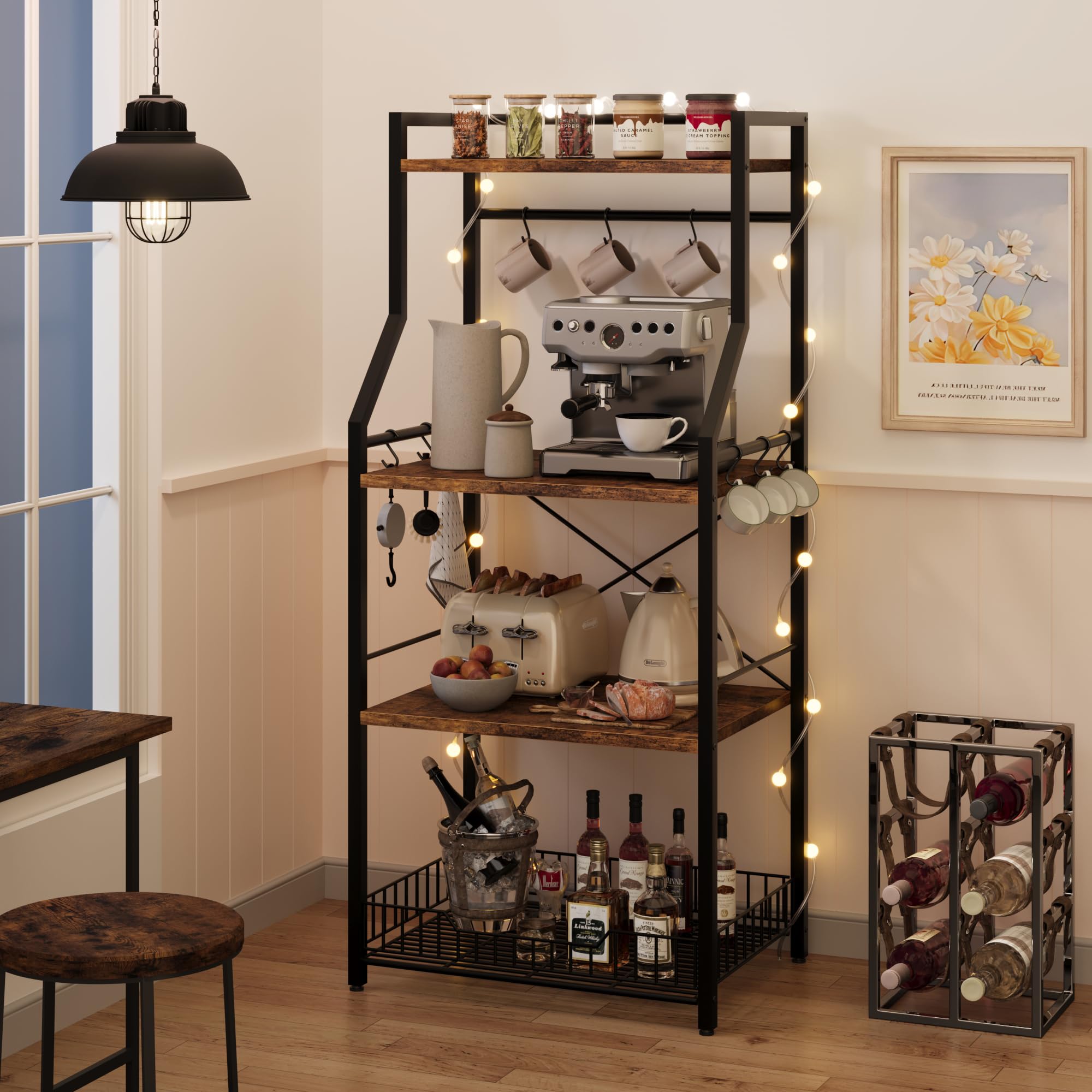 IDEALHOUSE 4-Tier Kitchen Bakers Rack with Microwave Stand - Industrial Coffee Bar Station & Storage Shelf with Large Wire Basket & 8 Hooks - Rustic Brown Organizer for Spices, Pots & Kitchen Utensils - Perfect for Small Kitchens, Coffee Bars & Pantry Organization