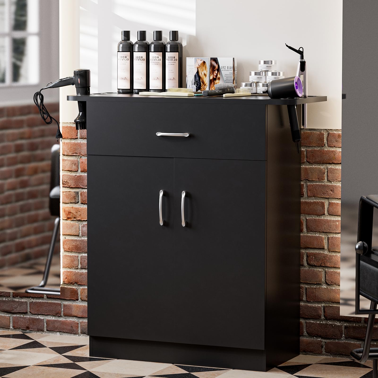 Wall Mount Salon Storage Cabinet - Barber Station with Drawer & 2 Doors, 6 Hair Dryer Holders - Professional Beauty Styling Organizer Equipment (Black) | Perfect for Home Salons, Barber Shops & Beauty Studios