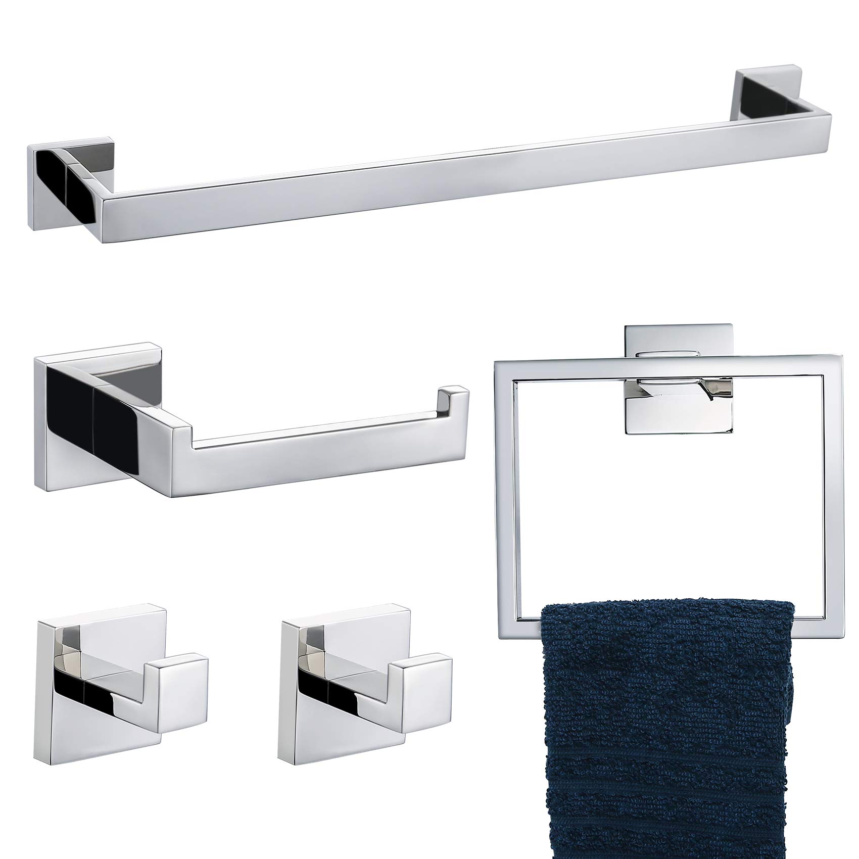 Polished Chrome 5-Piece Bathroom Hardware Set - Stainless Steel Towel Bar, Holder, Toilet Paper Stand & Hooks - Wall Mounted for Modern Bathrooms & Powder Rooms