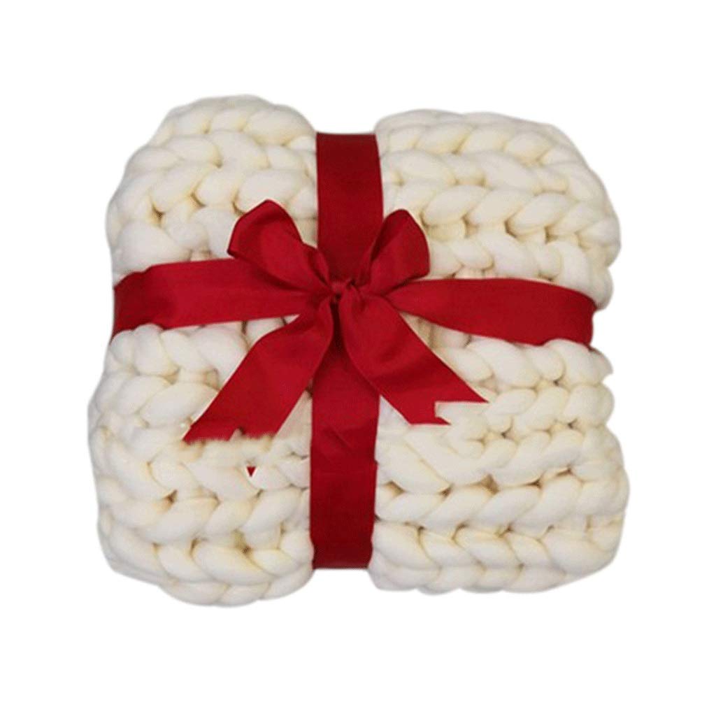 Cozy Chunky Merino Wool Knit Blanket - 100% Natural Thick Hand-Knitted Throw for Sofa, Bed & Home Decor - Super Soft Warm Yarn Blanket (Milk White, 39