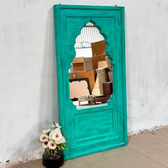 Handmade Indian Wood Carved Wall Mirror Frame with Green Accents - 80x50x150cm - Boho Home Decor for Living Room, Bedroom & Entryway