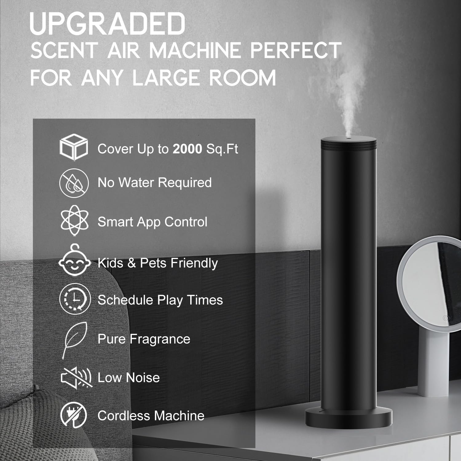 Wireless Rechargeable Hotel Scent Diffuser Machine - Bluetooth App Controlled Air Freshener for Large Spaces - Waterless Essential Oil Diffuser for Home, Office & Studio - Black | Perfect for Aromatherapy, Spa Relaxation & Creating Luxury Hotel Ambiance