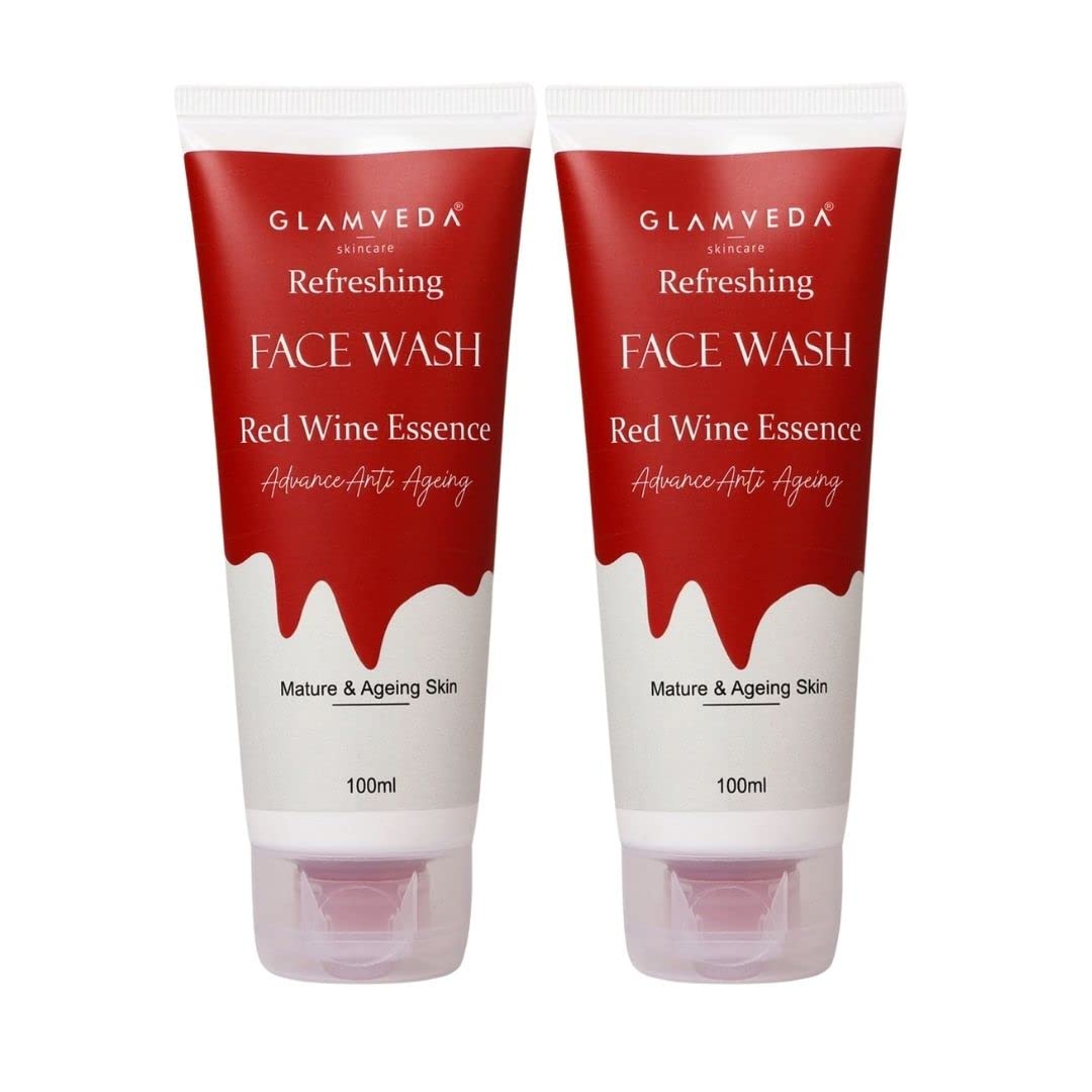 Glamveda Red Wine Anti-Aging Face Wash - Antioxidant Rich, Nourishing Facial Cleanser for Youthful Skin - Paraben & SLS Free - Pack of 2 - Perfect for Daily Skincare Routine & Anti-Wrinkle Care