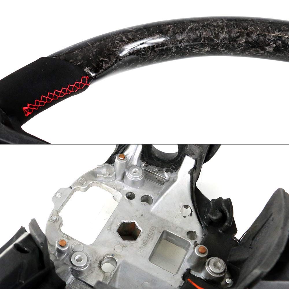 FREEMOTOR802 Forged Carbon Fiber Racing Steering Wheel with Red Stitching - Compatible with 2010-2014 Ford Mustang, Synthetic Suede Replacement - Perfect for Racing, Track Days & Performance Driving