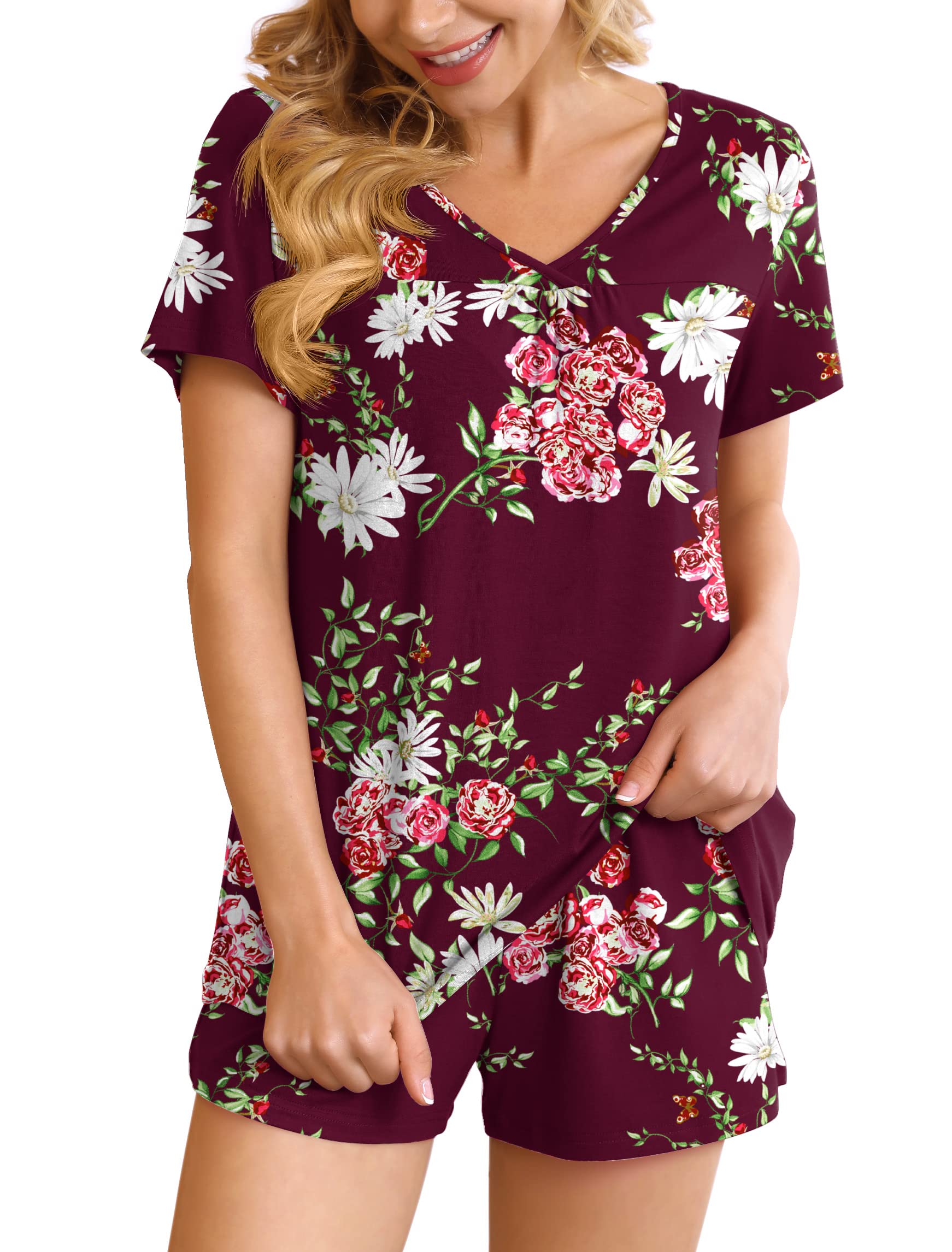 POKWAI Women's Soft 2-Piece Pajama Set with Pockets - Short Sleeve & Shorts Lounge Sleepwear for Comfortable Nightwear and Relaxing at Home