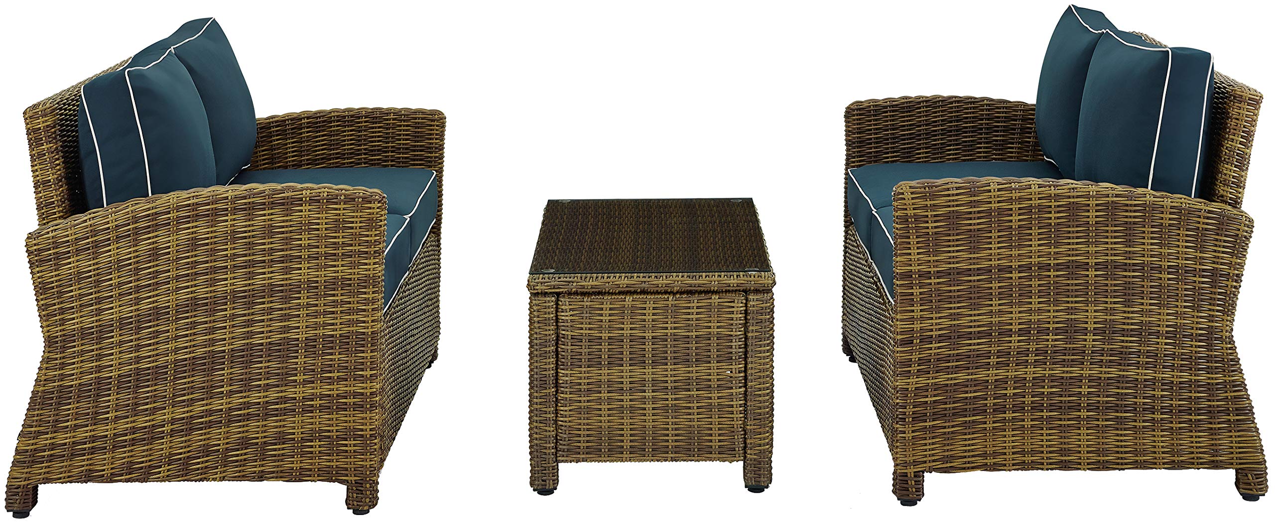 Crosley Bradenton 3-Piece Outdoor Wicker Loveseat Set with Navy Cushions - Patio Furniture for Porch, Garden & Backyard - Brown Weather-Resistant Conversation Set for Relaxing Outdoors