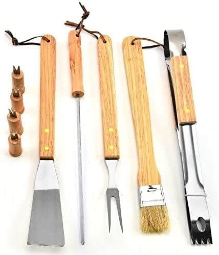 Premium Heavy Duty Stainless Steel BBQ Grill Set with Wooden Handle - 6-Piece Professional Grilling Tools for Outdoor Cooking, Camping & Backyard Barbecue | Ideal for Steak, Burgers, Vegetables & More