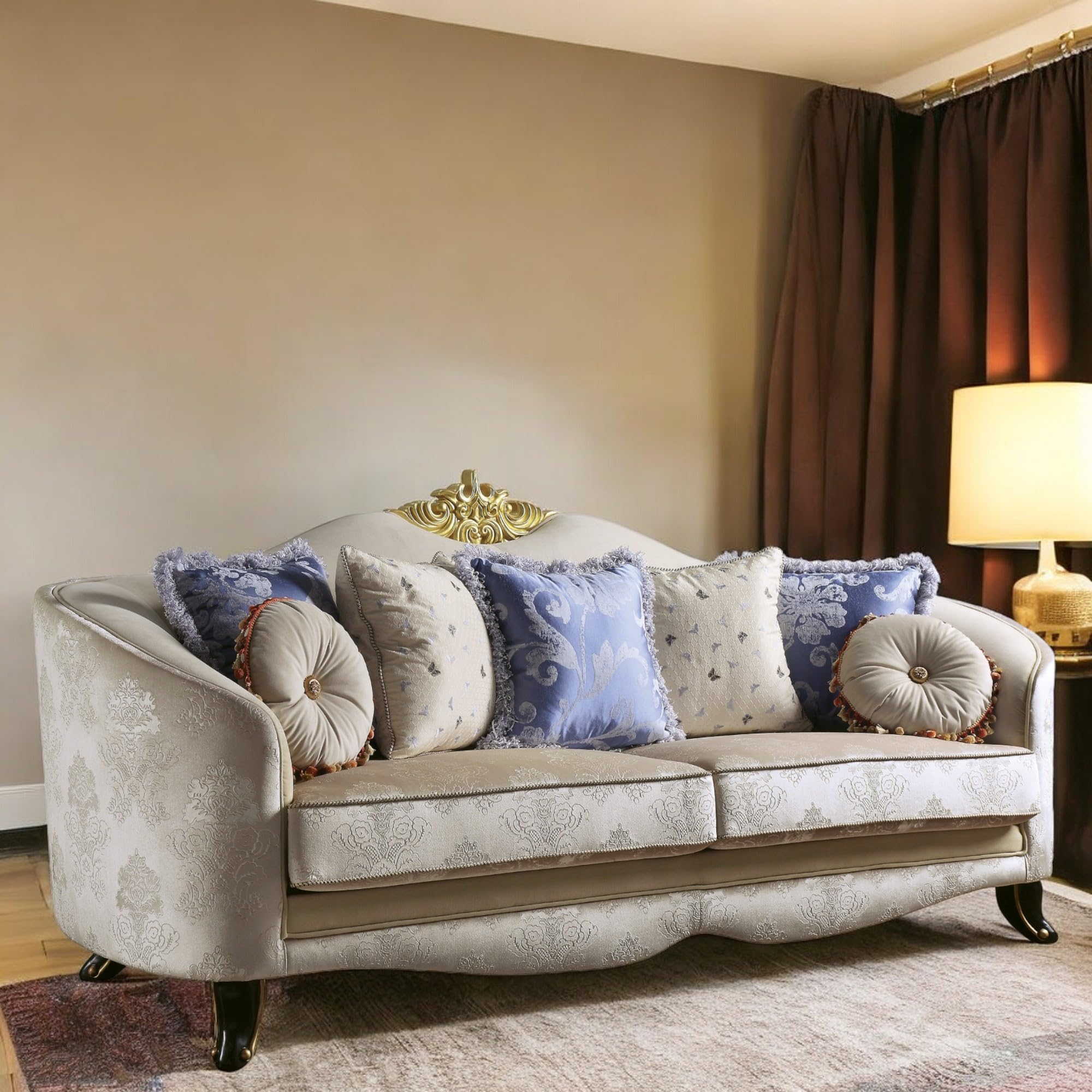 Acme Sheridan Cream Fabric Sofa with 7 Pillows - Living Room Comfort