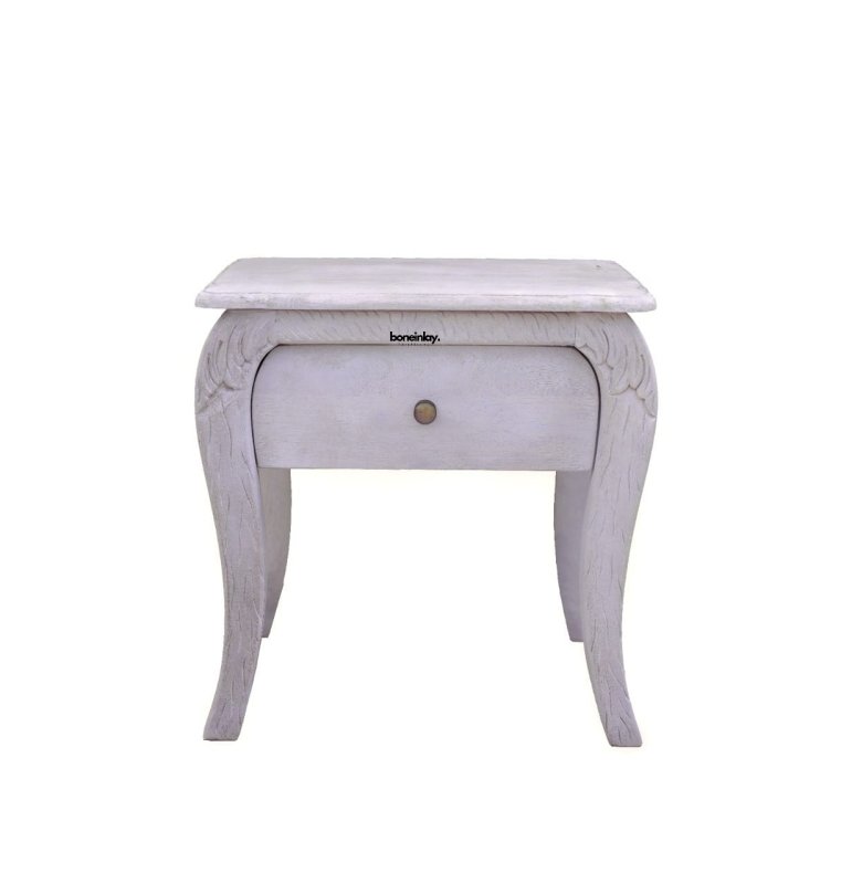 Hand Carved White Nightstand - Elegant Wooden Bedside Table with Drawer for Bedroom, Living Room & Guest Room Decor