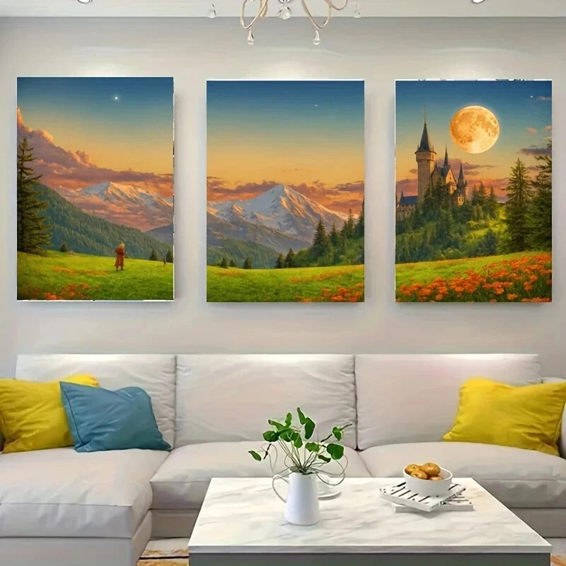 3-Piece Fantasy Castle Landscape Metal Wall Art - Ready to Hang Home Decor for Living Room, Bedroom & Office