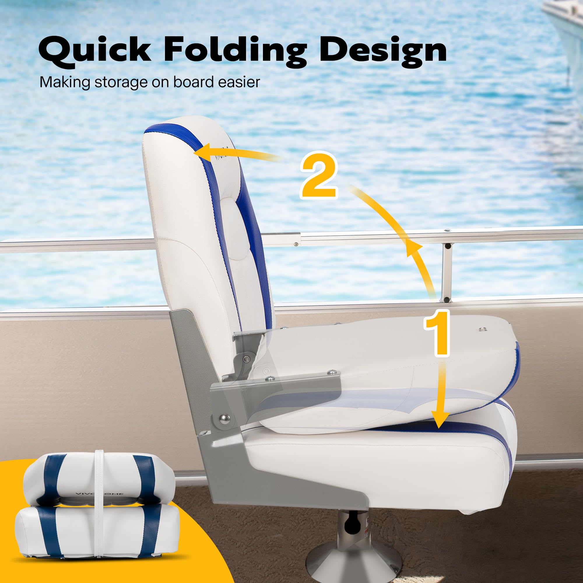 VIVOHOME 2 Pack Folding Low Back Boat Seats - Waterproof Marine Captain Chairs with 4 Mounting Screws, White & Blue - Perfect for Fishing Boats, Yachts, and Pontoon Boats