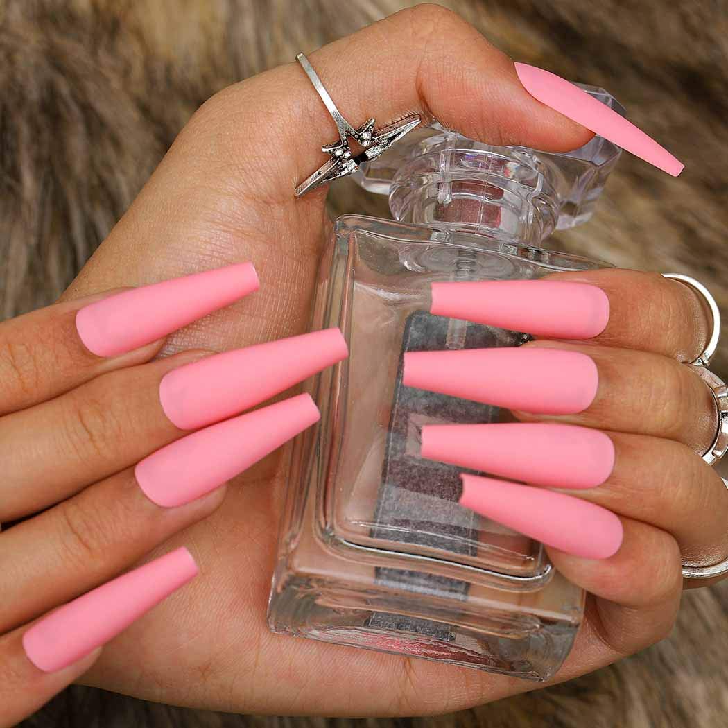 96Pcs Matte Extra Long Press-On Nails - Ballerina Coffin Fake Nails Set, Full Cover Acrylic False Nails for Women & Girls (Pink, Nude, White, Orange) - Perfect for Parties, Weddings, and Daily Wear