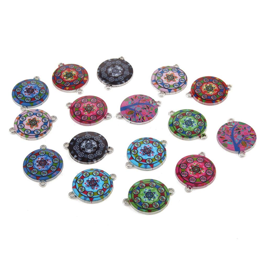 Exceart 20PCS Mixed Style Double Hole Charms - Round Pendant Connectors with Carved Flower Design for Jewelry Making, DIY Crafts, Necklaces & Bracelets - Perfect for Beading, Scrapbooking and Gift Packaging