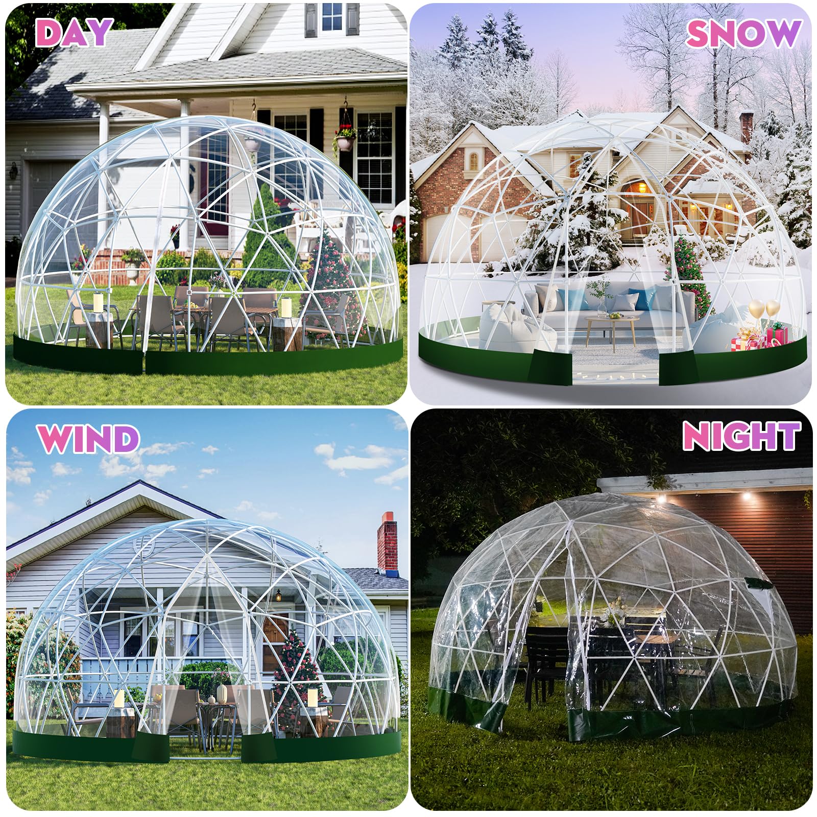 12FT Geodesic Dome Greenhouse Kit - Weatherproof Outdoor Garden Igloo with Clear PVC Cover & 2x10M LED String Lights - Perfect for Backyard Parties, Patio Gatherings & Year-Round Plant Growing (Green)