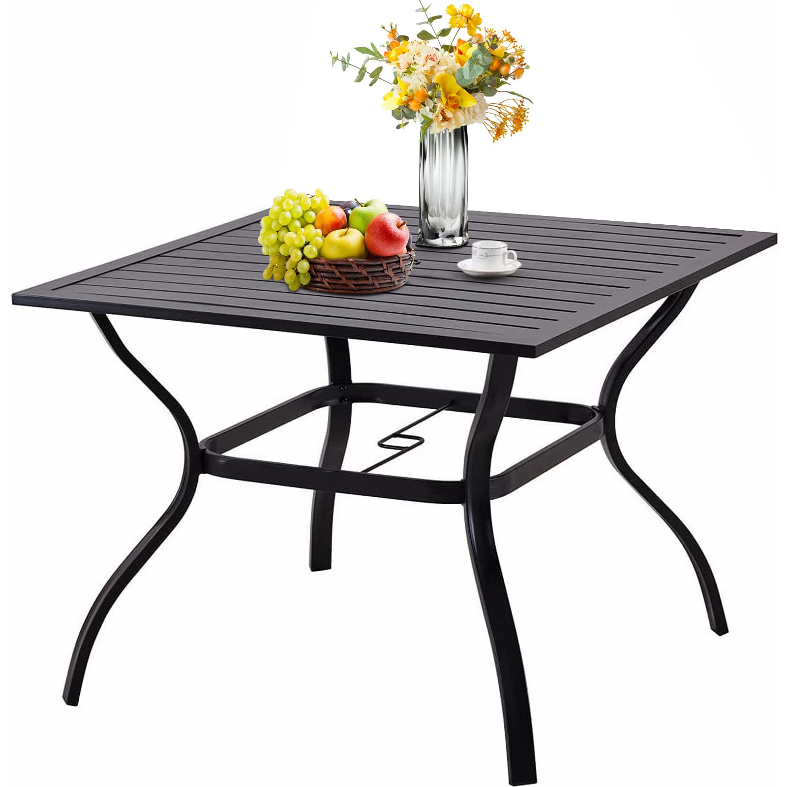 37 Inch Square Outdoor Patio Dining Table with Umbrella Hole - Durable Steel Slat Metal Table for Garden, Backyard, Porch & Poolside - Perfect for Outdoor Entertaining & Al Fresco Dining