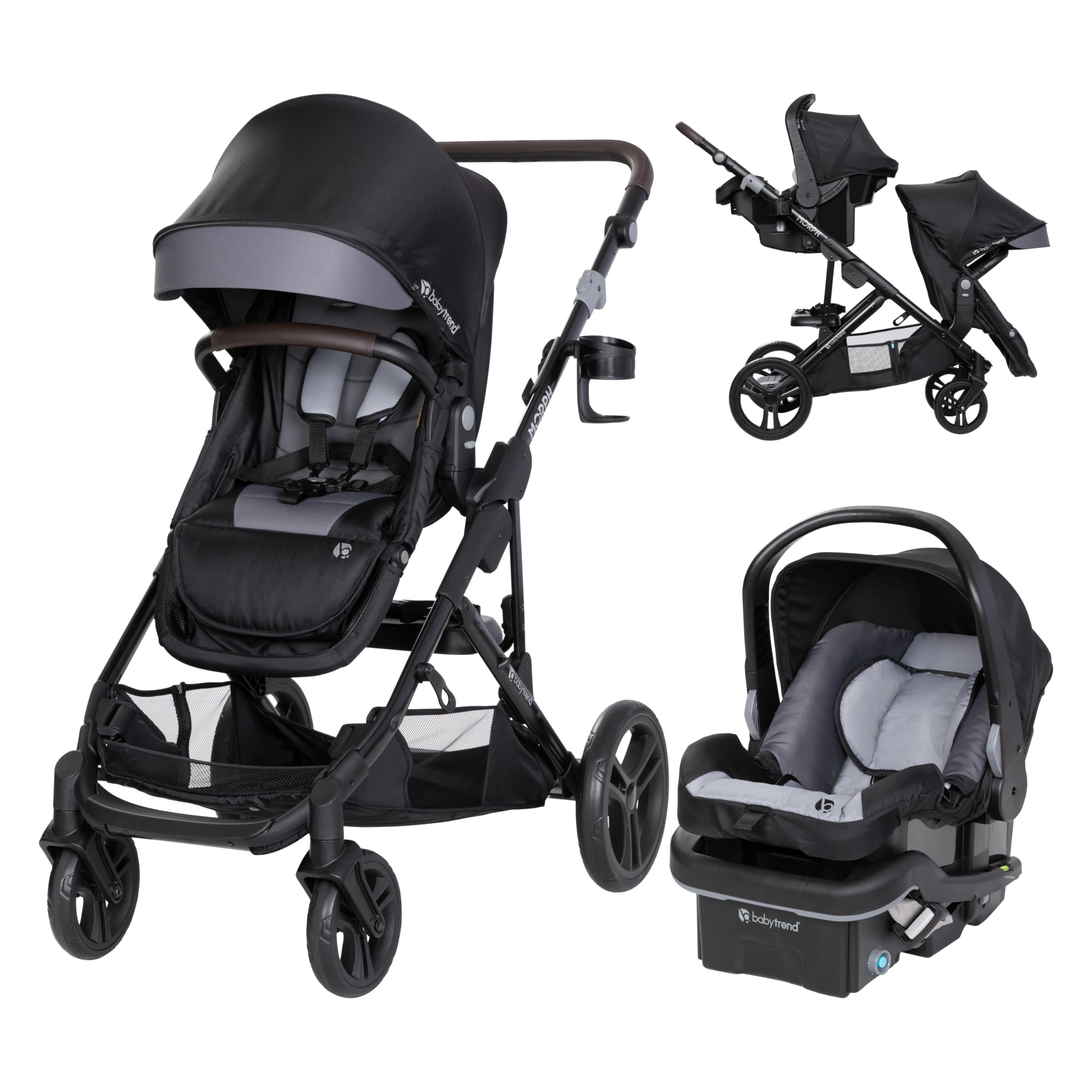 Baby Trend Morph Single to Double Modular Travel System Stroller - Convertible Infant Car Seat & Stroller Combo for Twins or Siblings, Black | Perfect for Travel, Shopping & Daily Outings with Baby