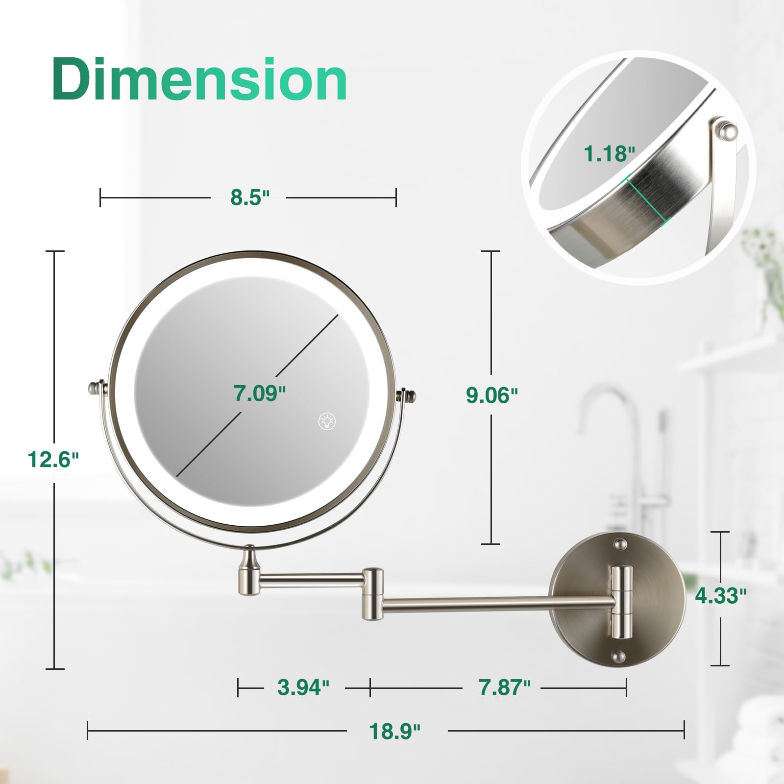 8.5 Inch Rechargeable Wall Mounted Makeup Mirror with Dual-Touch 1X/10X Magnification - Brushed Nickel Finish, 3 Color LED Lights & 360° Swivel - Extendable Bathroom Vanity Mirror for Shaving, Makeup Application & Skincare Routine