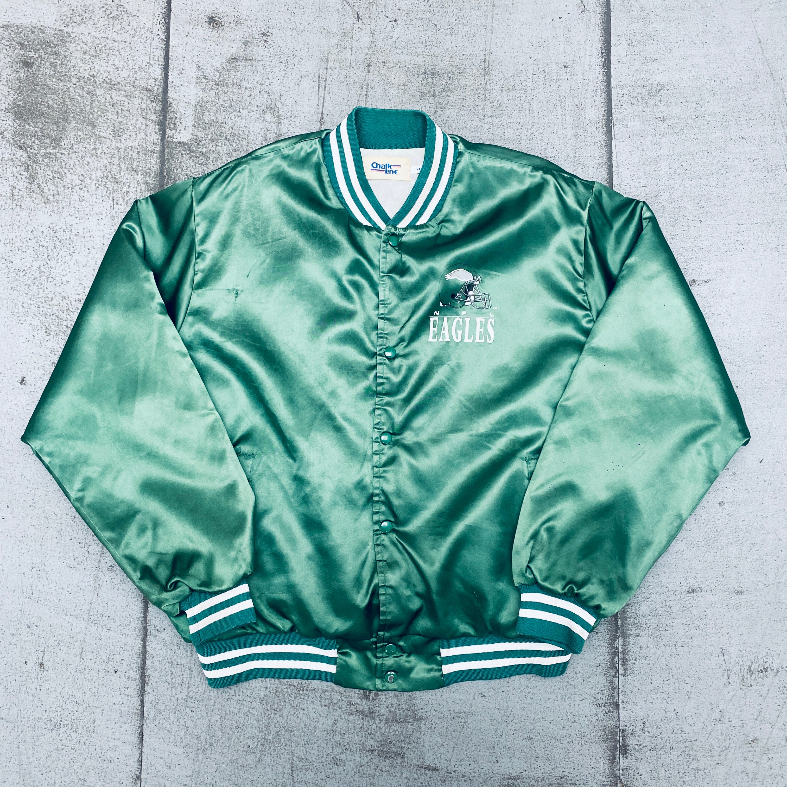 Philadelphia Eagles 1990s Vintage Chalk Line Satin Reverse Spellout Bomber Jacket - XXL Size for Men | NFL Football Fan Gear & Retro Sports Apparel | Perfect for Game Day, Tailgating, and Eagles Memorabilia Collection