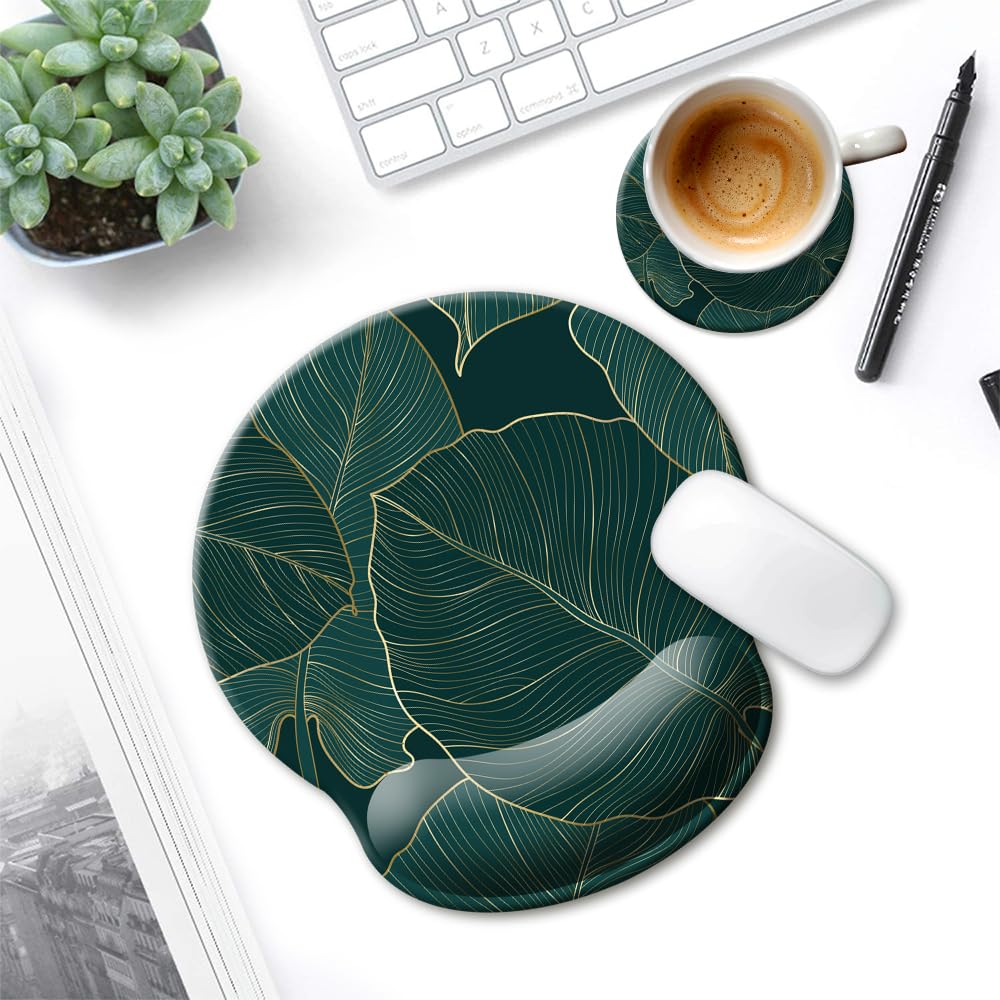 Ergonomic Mouse Pad with Wrist Support - Gel Cushion Wrist Rest for Pain Relief, Non-Slip Rubber Base Computer Mouse Pad for Laptop & PC (Green Leaves Design) - Perfect for Office, Gaming & Long Computer Work Sessions