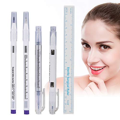 Professional Tattoo Pen Kit - 4 Types of Temporary Tattoo Markers for Fine Lines, Surgical Tattooing & Piercing | Non-Toxic Skin Marker with Ruler for Eyebrows, Face & Body Art | Perfect for Tattoo Artists, Permanent Makeup & Medical Use (0.5mm Purple Tail White Rod)