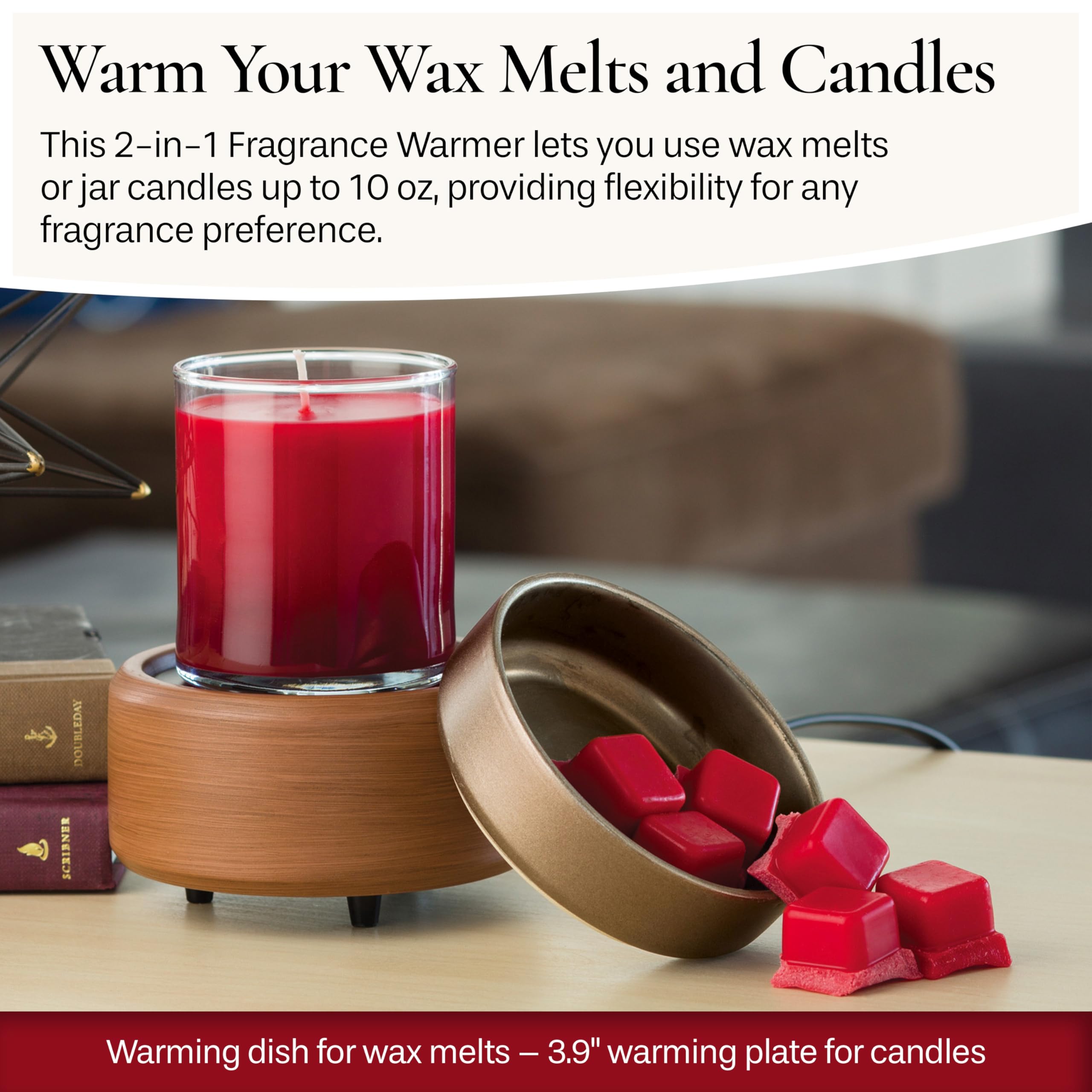2-in-1 Candle & Wax Warmer for Scented Candles & Wax Melts - Pewter Walnut Fragrance Diffuser for Home, Office & Relaxation
