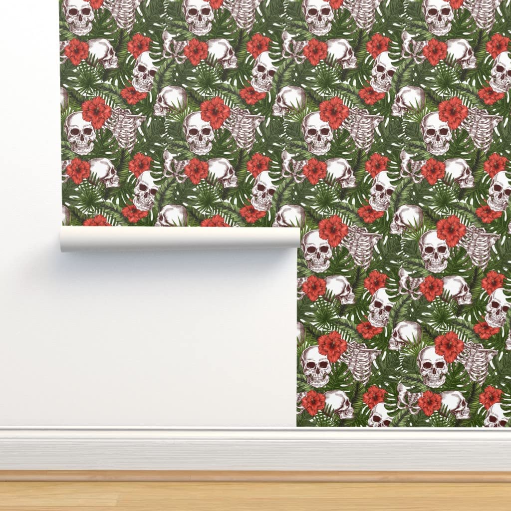 12ft x 2ft Tropical Halloween Green Floral Skull Jungle Beach Peel & Stick Removable Wallpaper - Perfect for Bedroom, Living Room, Office & Nursery Decor